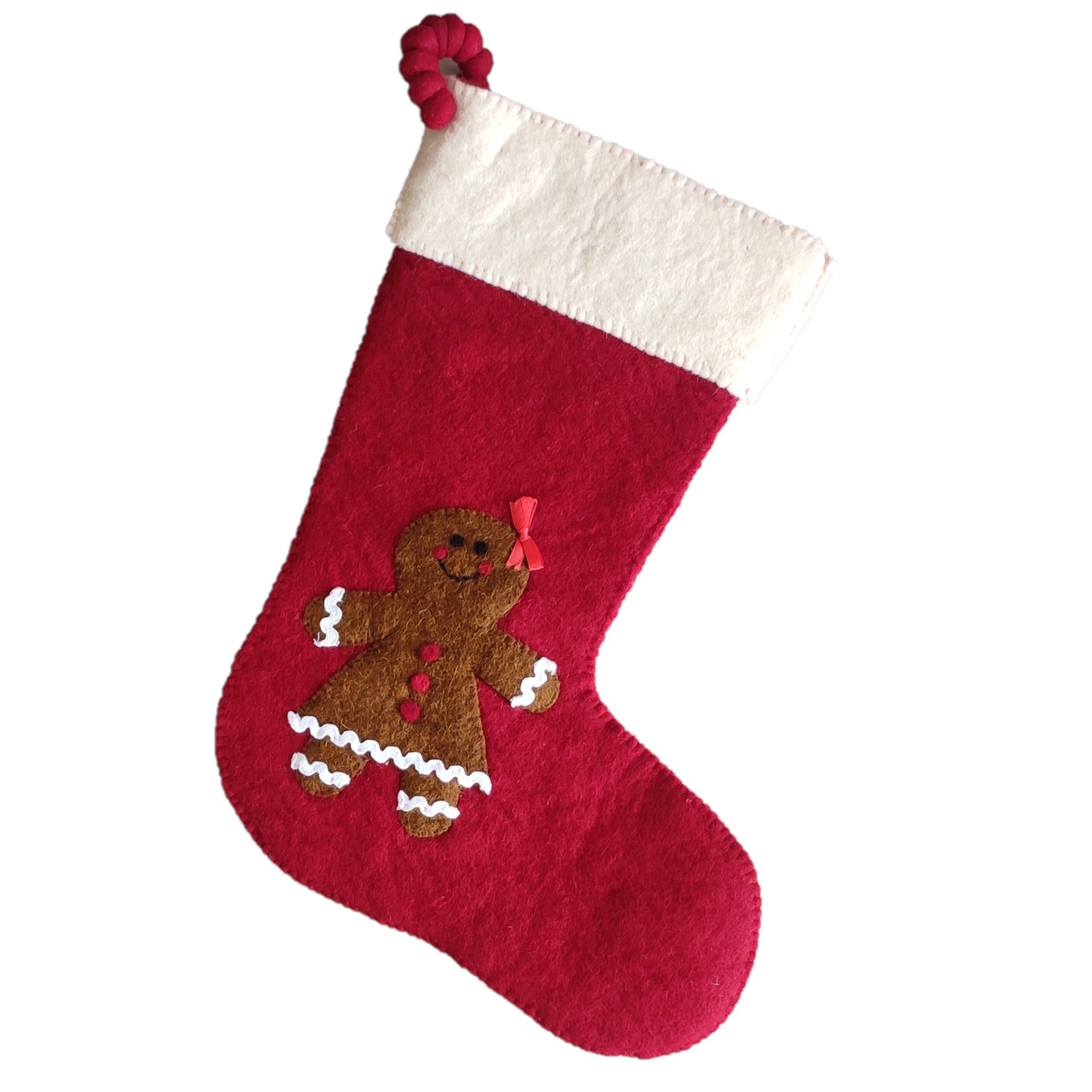 Gingerbread Girl On Red Christmas Stocking In Hand Felted Wool