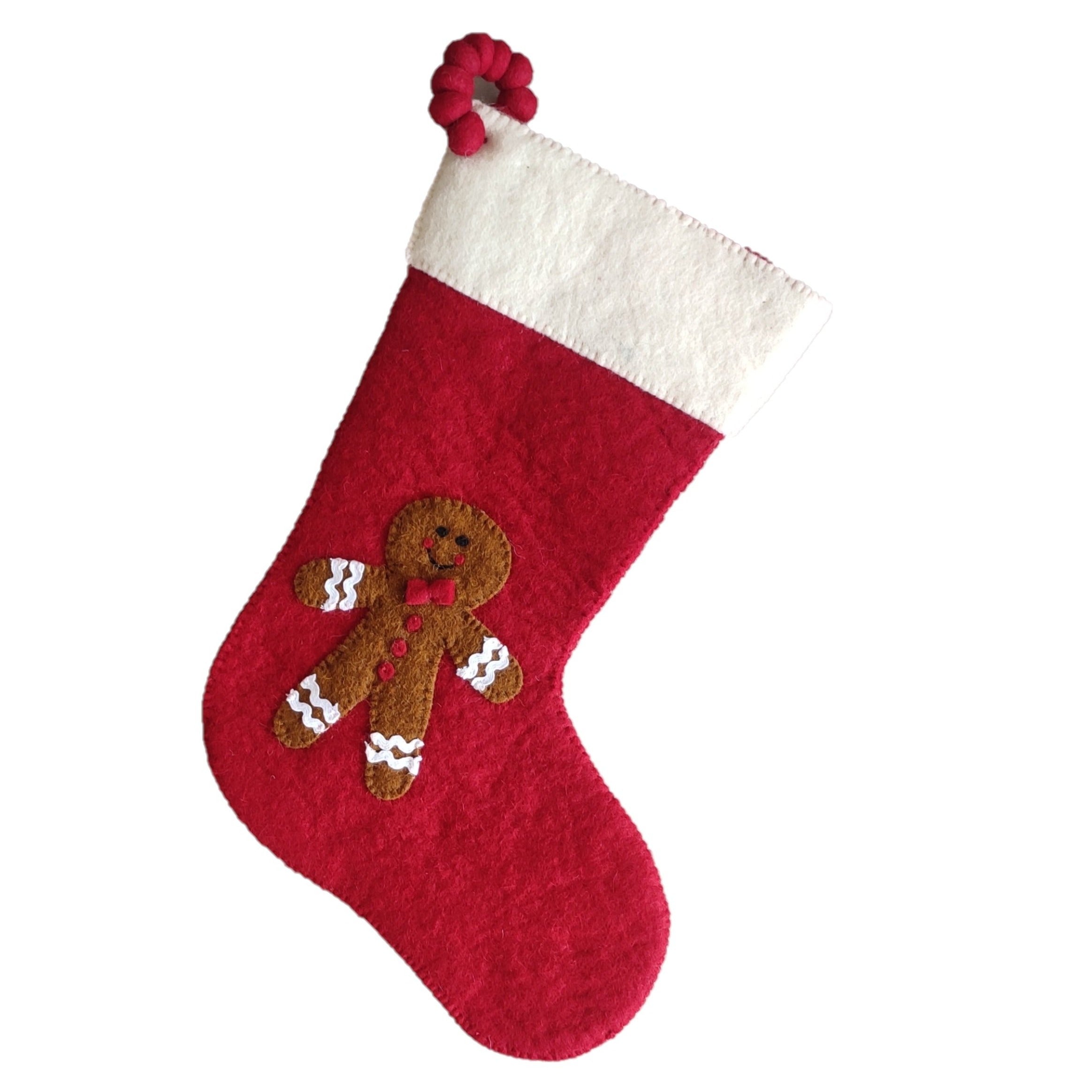 Gingerbread Boy On Red Christmas Stocking In Hand Felted Wool