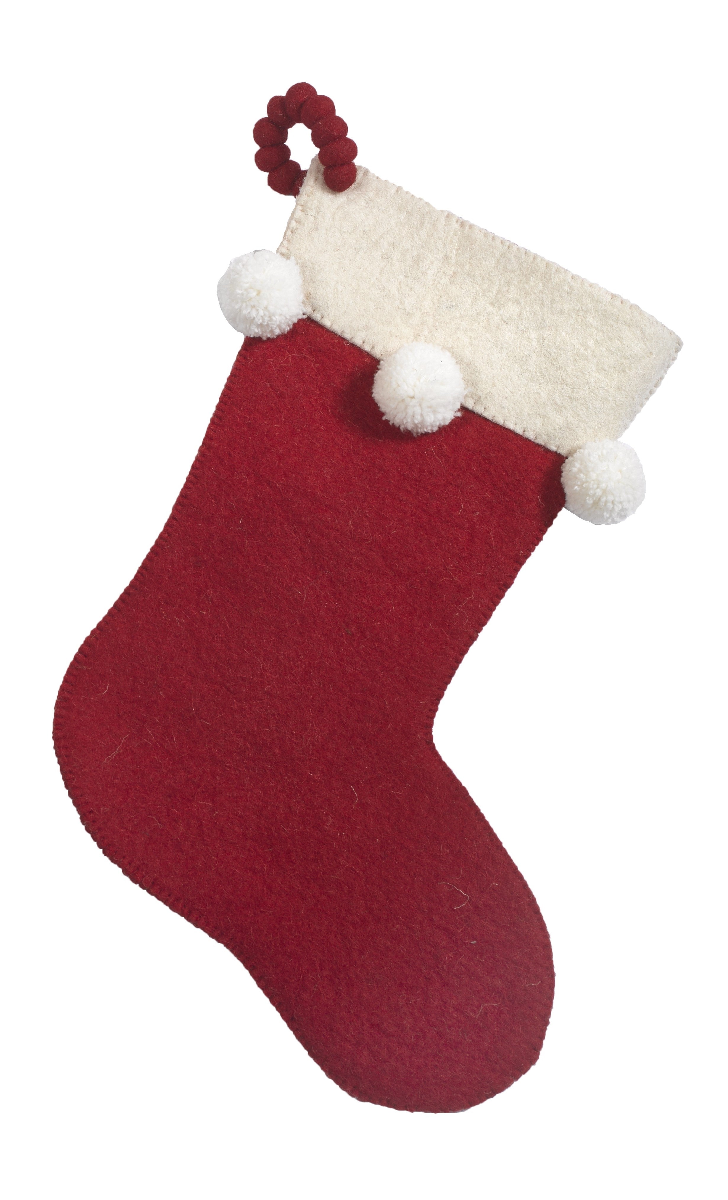 Hand Felted Wool Christmas Stocking - Pom Poms On Red