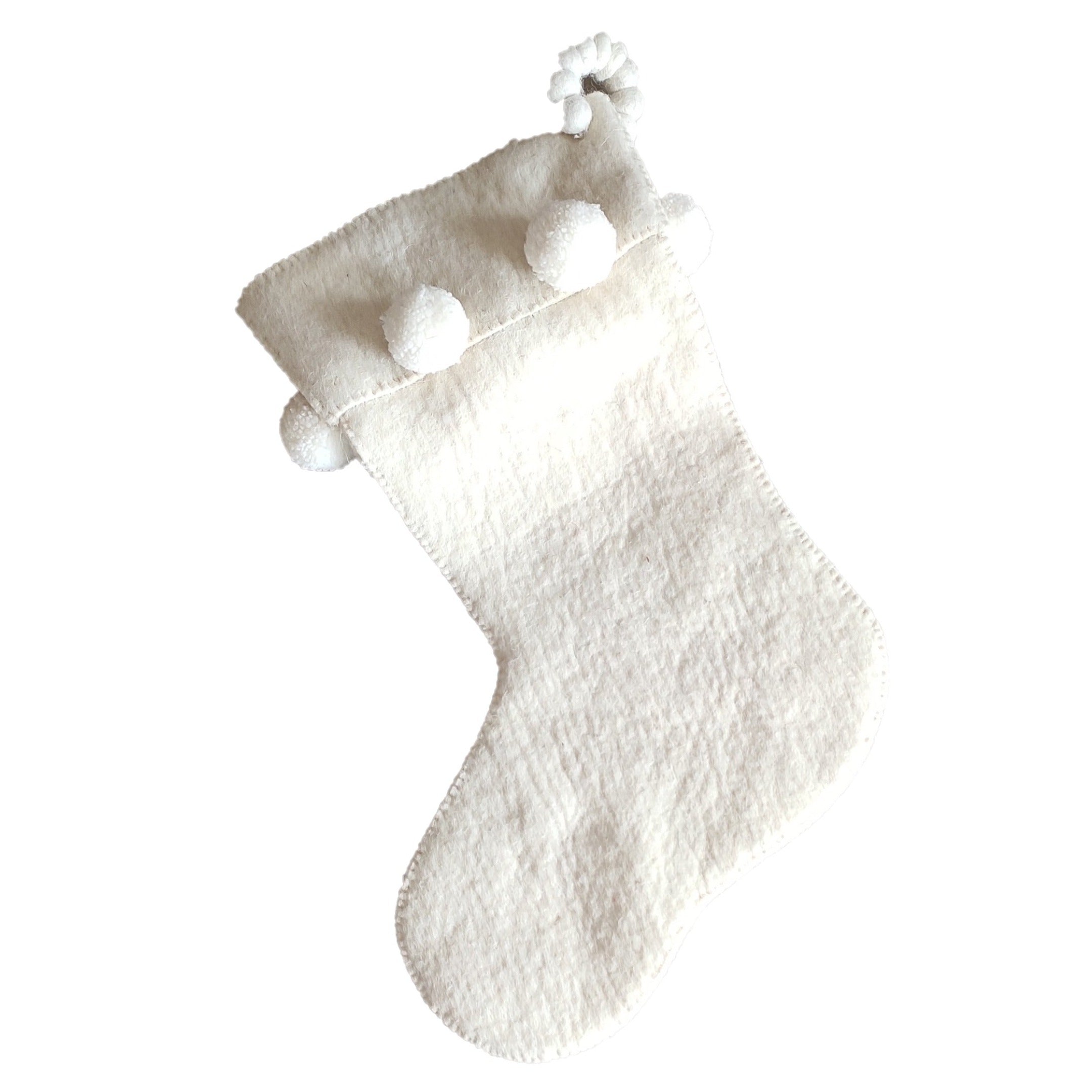 Cream Pom Pom Christmas Stocking In Hand Felted Wool