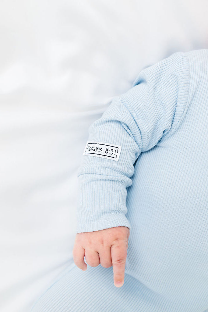 God's Got My Back Blue Pj Footed Onesie Ribbed Cotton-bamboo Blend
