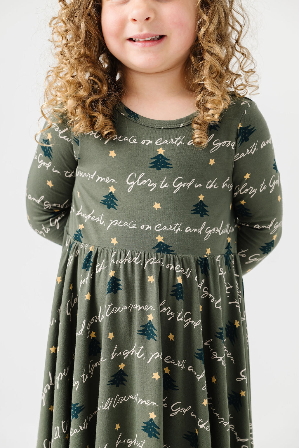 Kids Glory To God Olive Twirl Dress Bamboo | Long Sleeve
