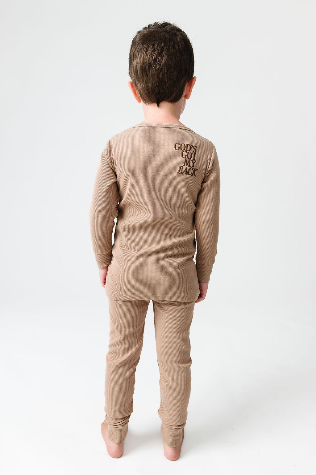 God's Got My Back Beige Pj Long Sleeve Set Ribbed Cotton-bamboo Blend