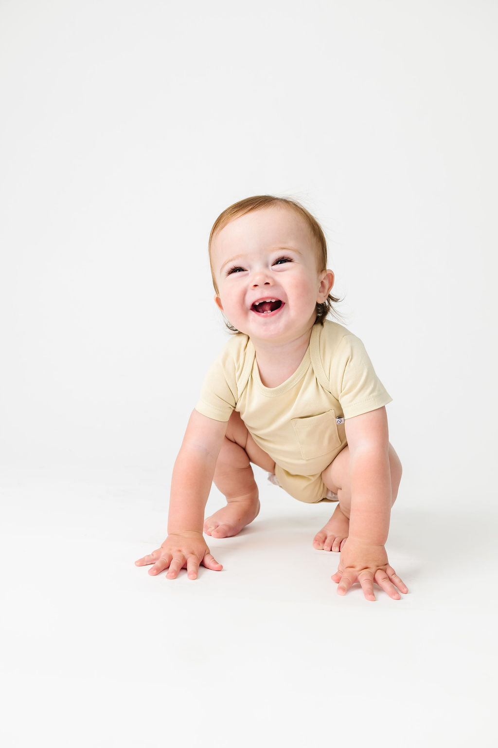 Baby Solid Beige Prayer Pocket Bodysuit Cotton | Short Sleeve
