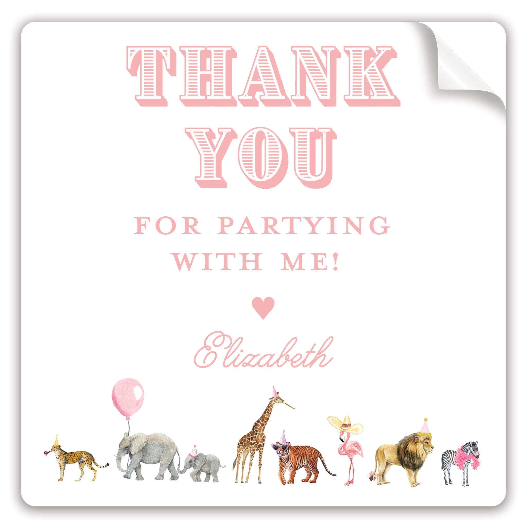 Pink Party Animal Thank You Stickers