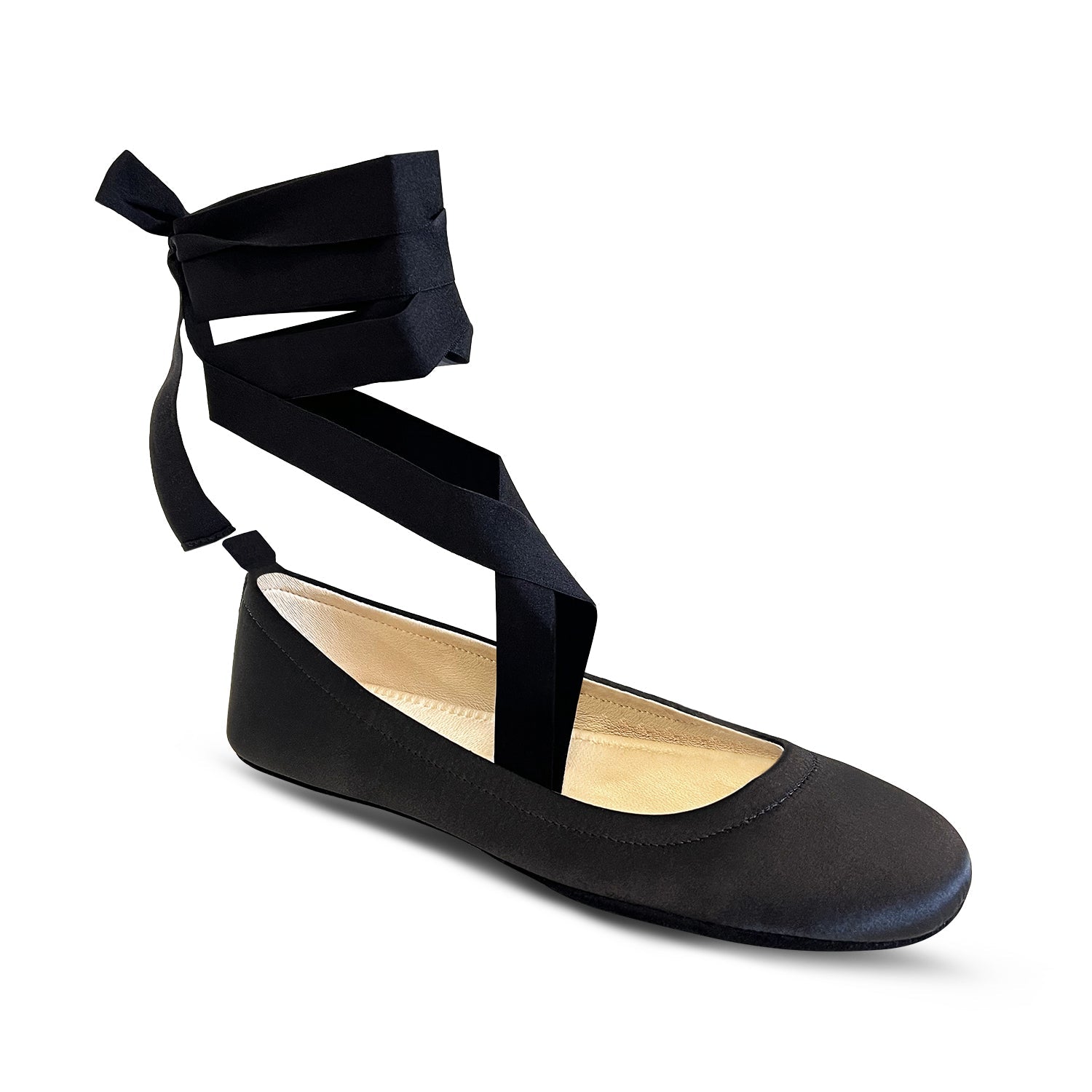 Simone Ankle Wrap Flats In Black Satin