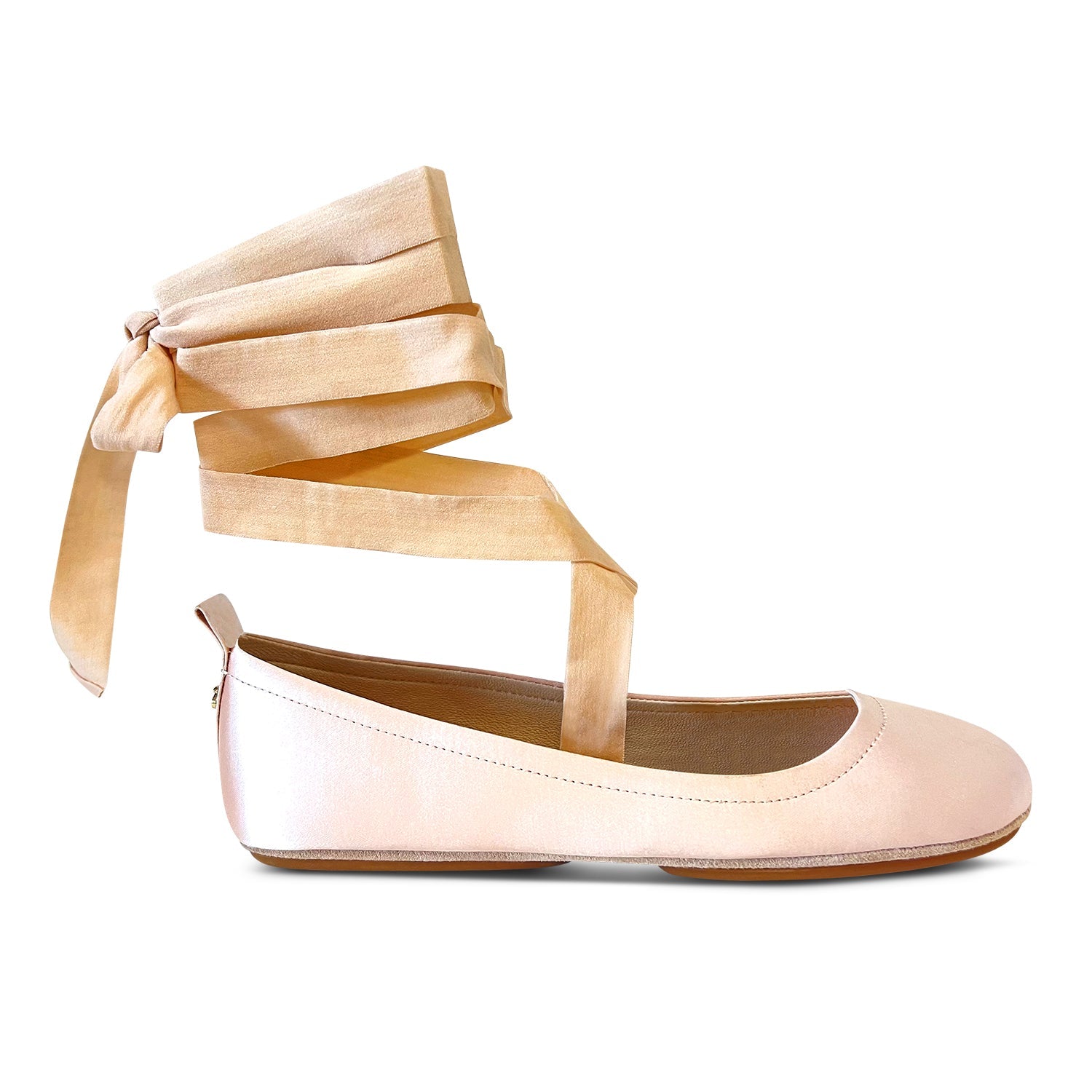 Simone Ankle Wrap Flats In Champagne Satin