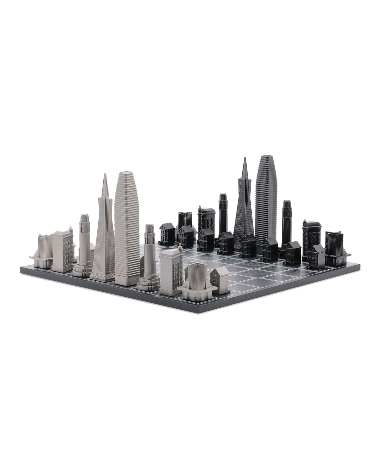 Skyline Chess Chess Set Stainless Steel San Francisco Edition With Wood Map Board