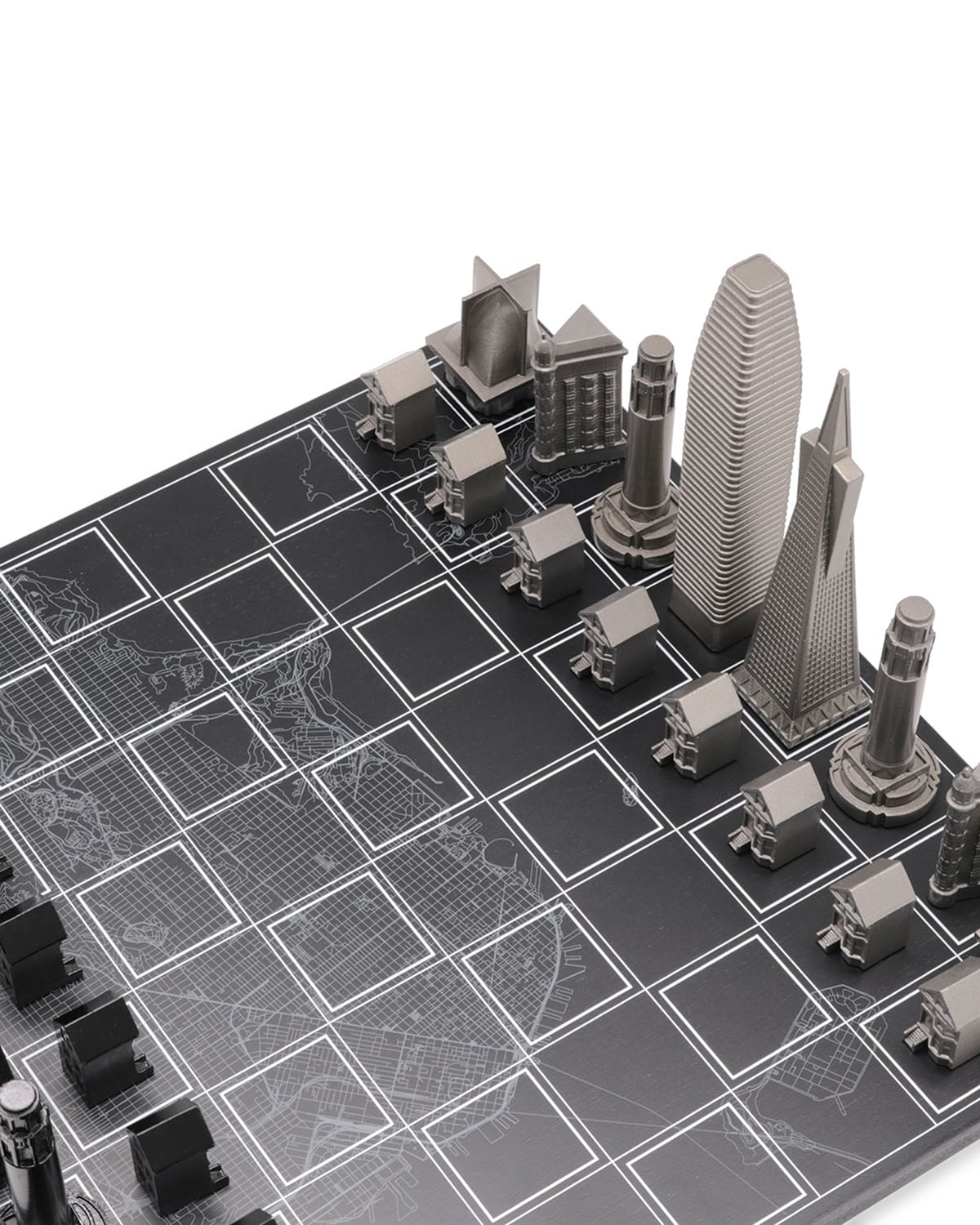 Skyline Chess Chess Set Stainless Steel San Francisco Edition With Wood Map Board
