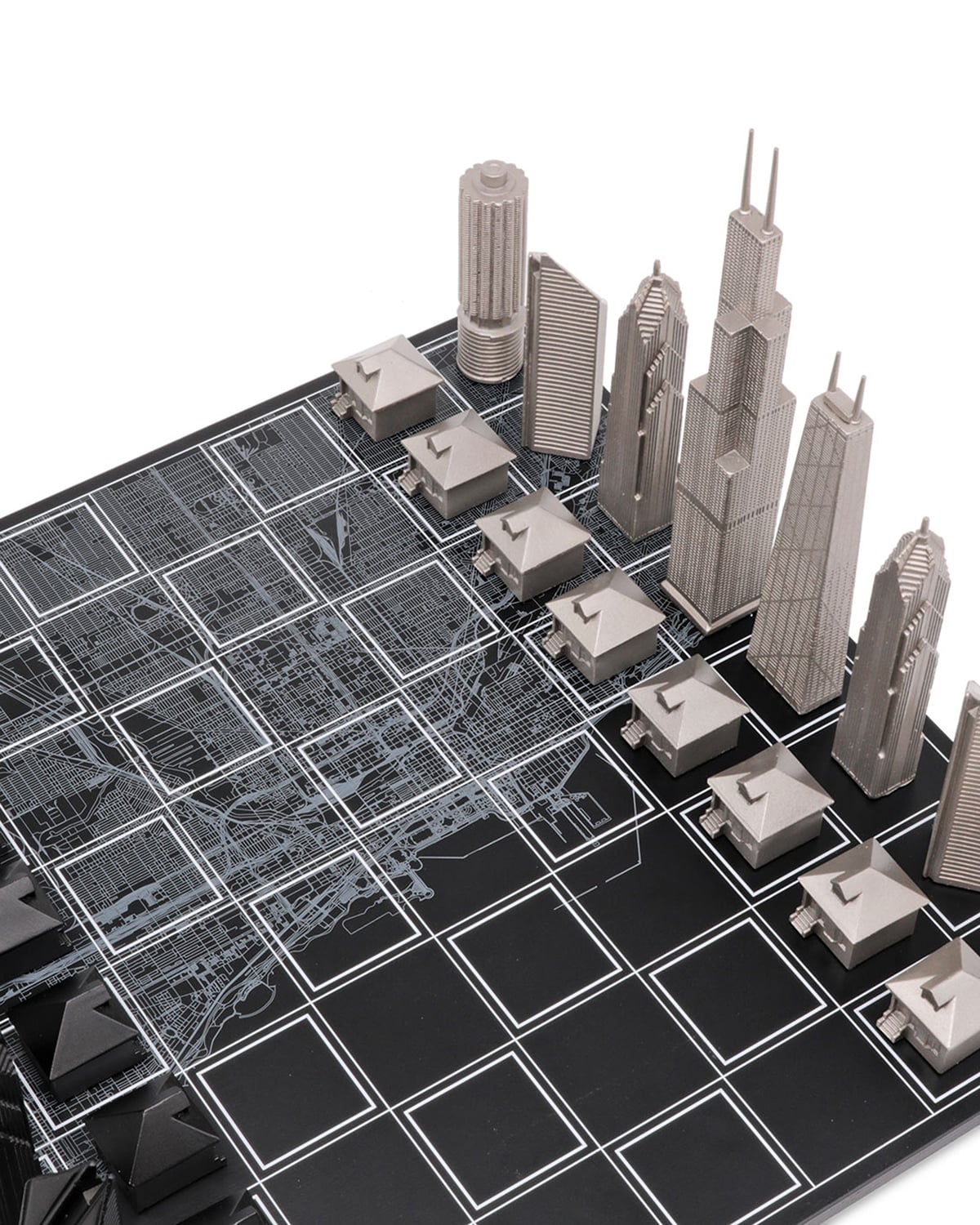 Skyline Chess Chess Set Stainless Steel Chicago Edition With Chicago Wood Map Board
