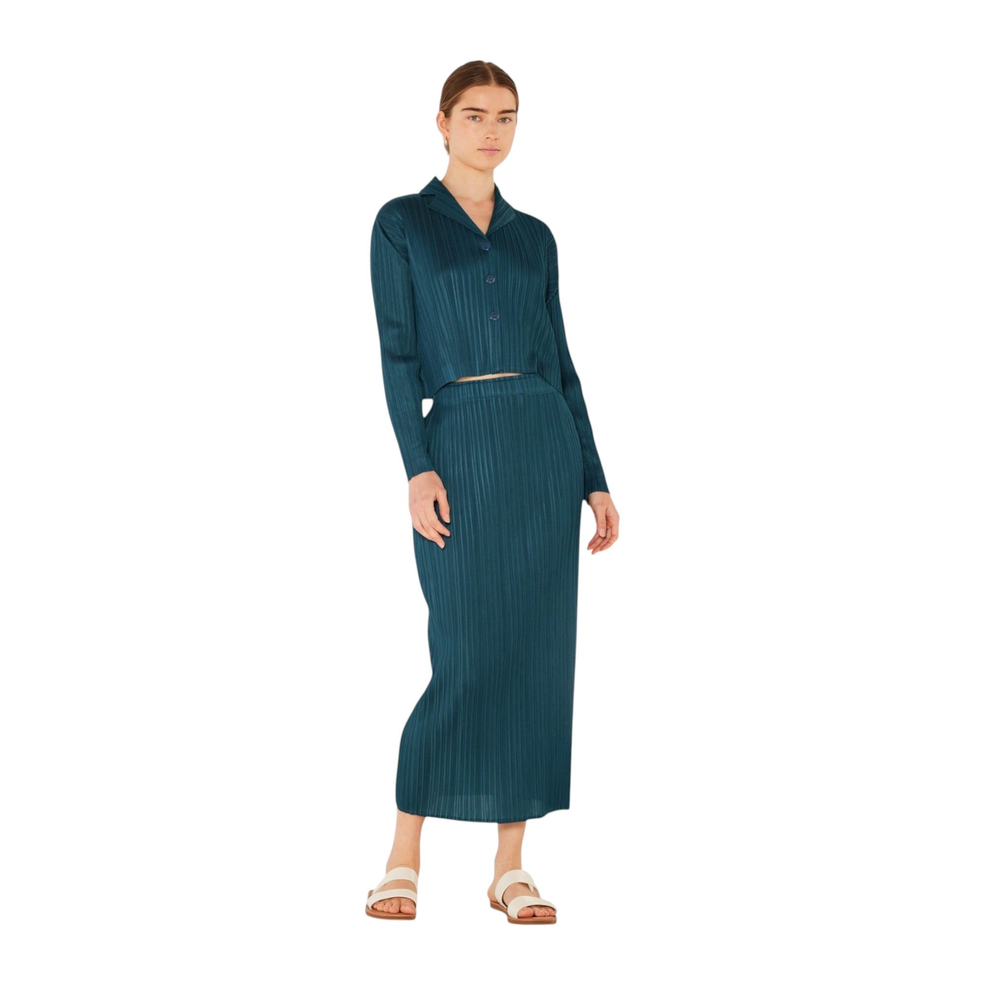 Pleated Midi Pencil Skirt - Skt01h_deep Green