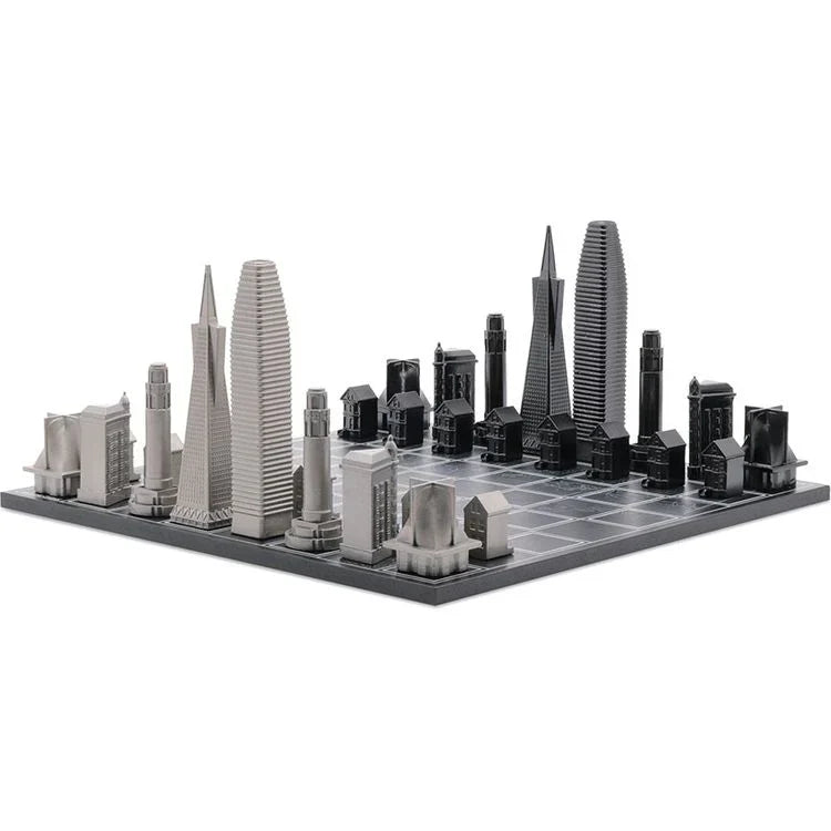 Skyline Chess Chess Set Stainless Steel San Francisco Edition With Wood Map Board