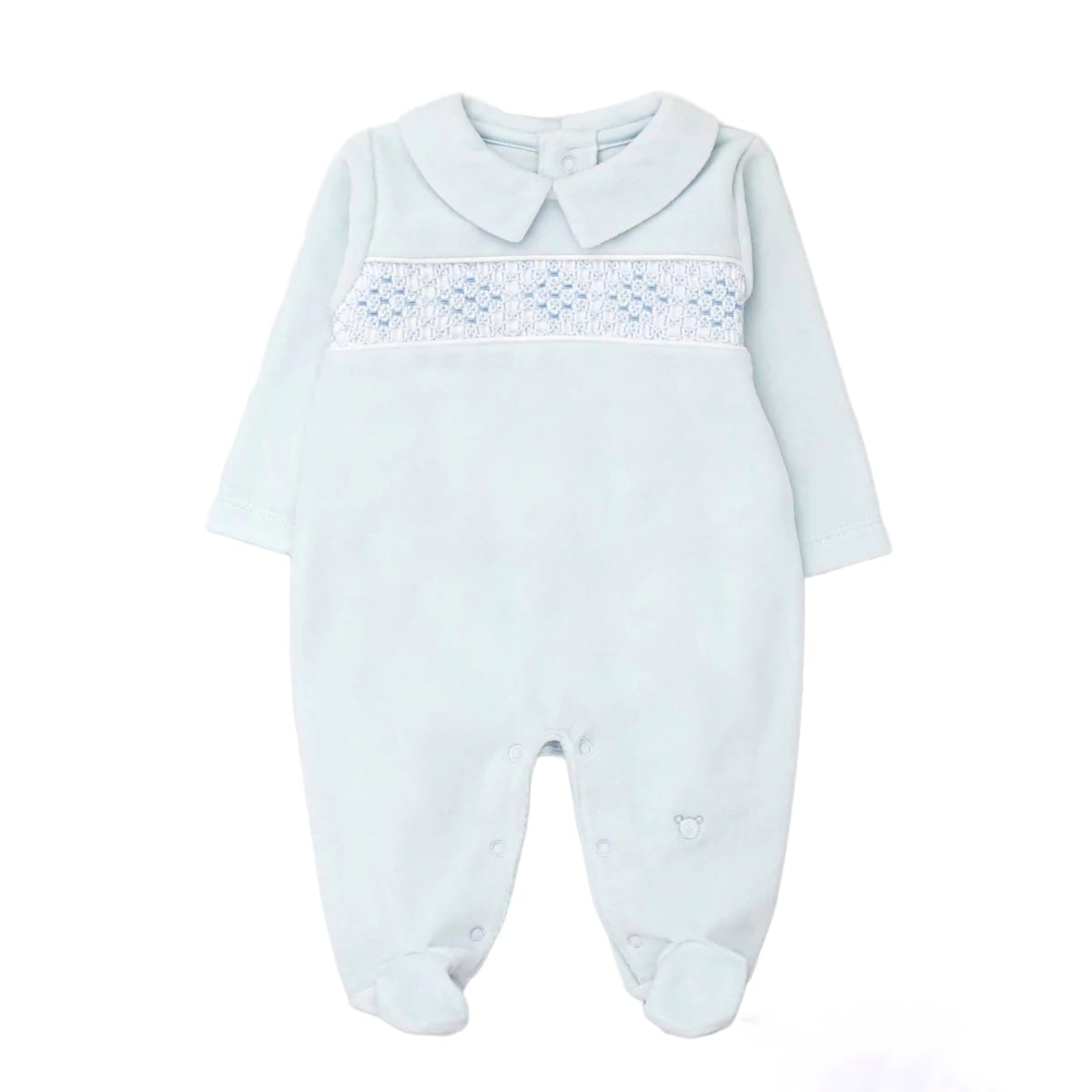 Hand Smocked Velvet Playsuit, Blue