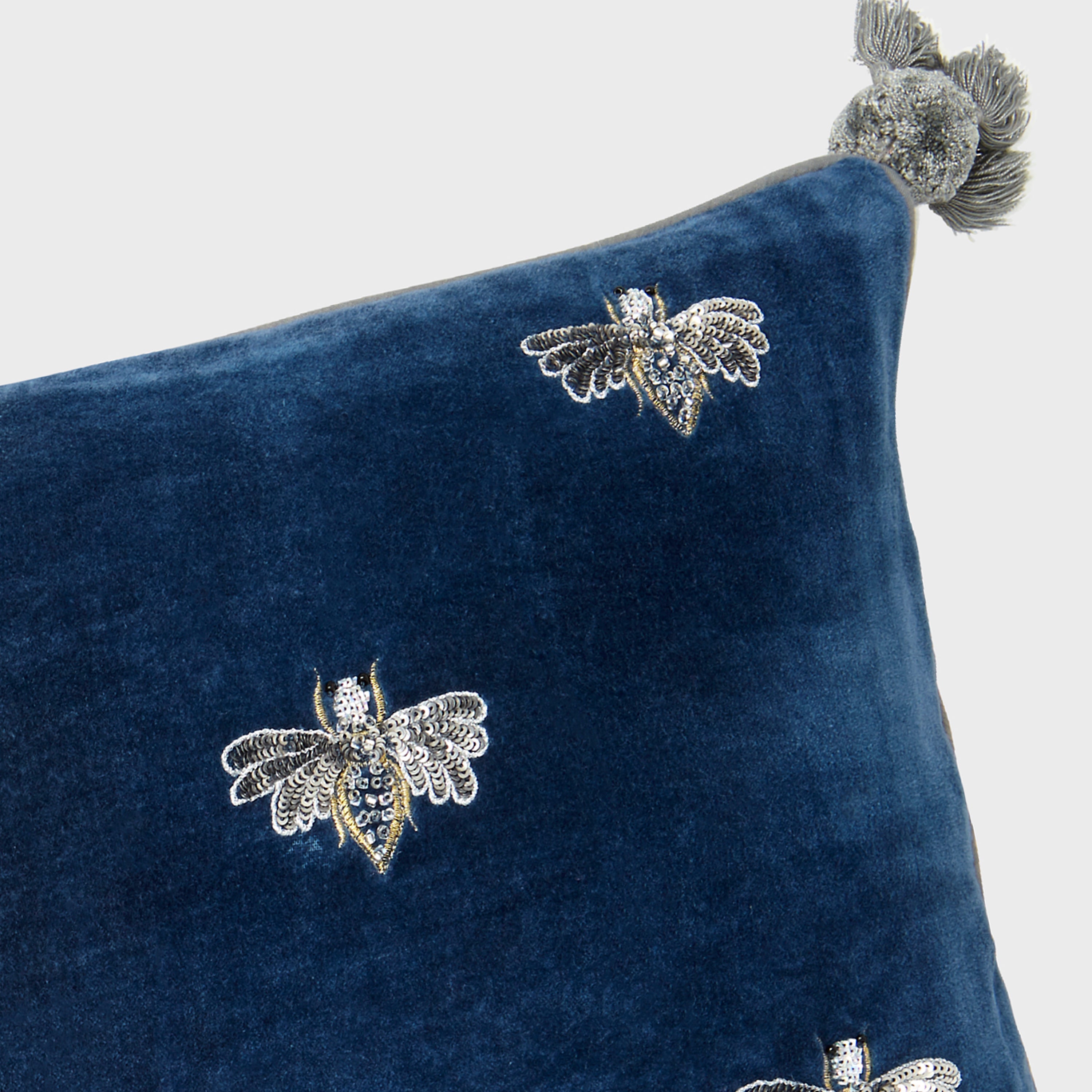 Embroidered Pretty Bug Pillow, Slate Blue Cotton Velvet