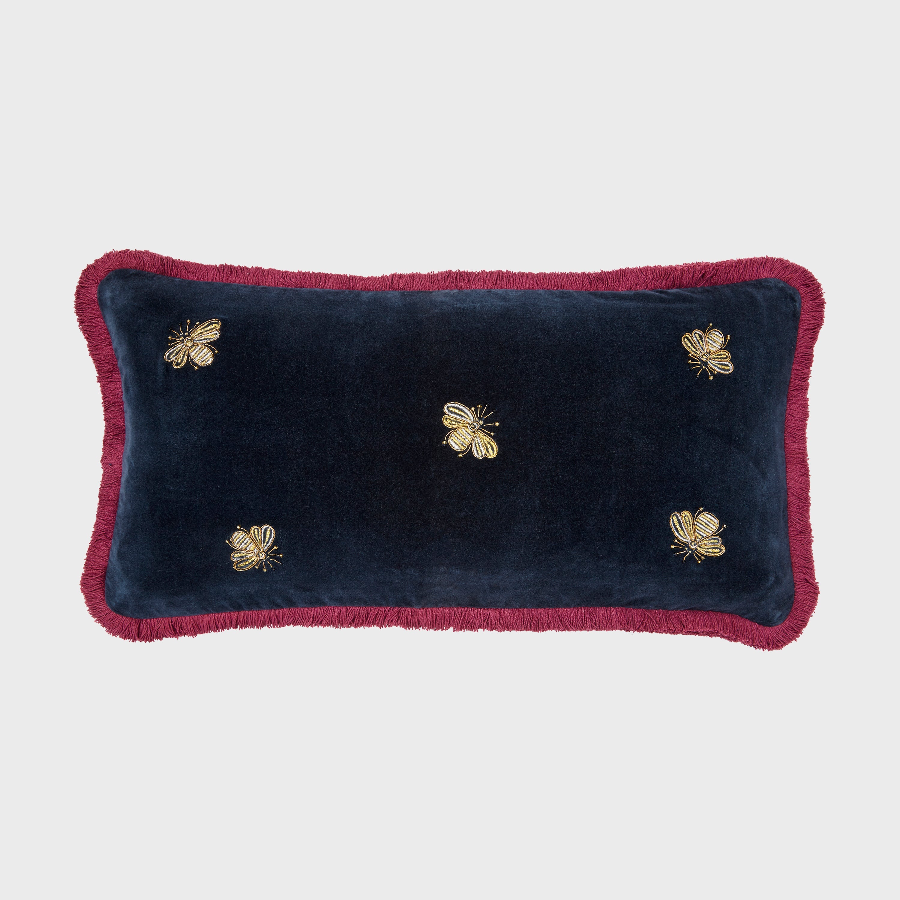 Embroidered Bee Fringe Pillow, Navy Cotton Velvet