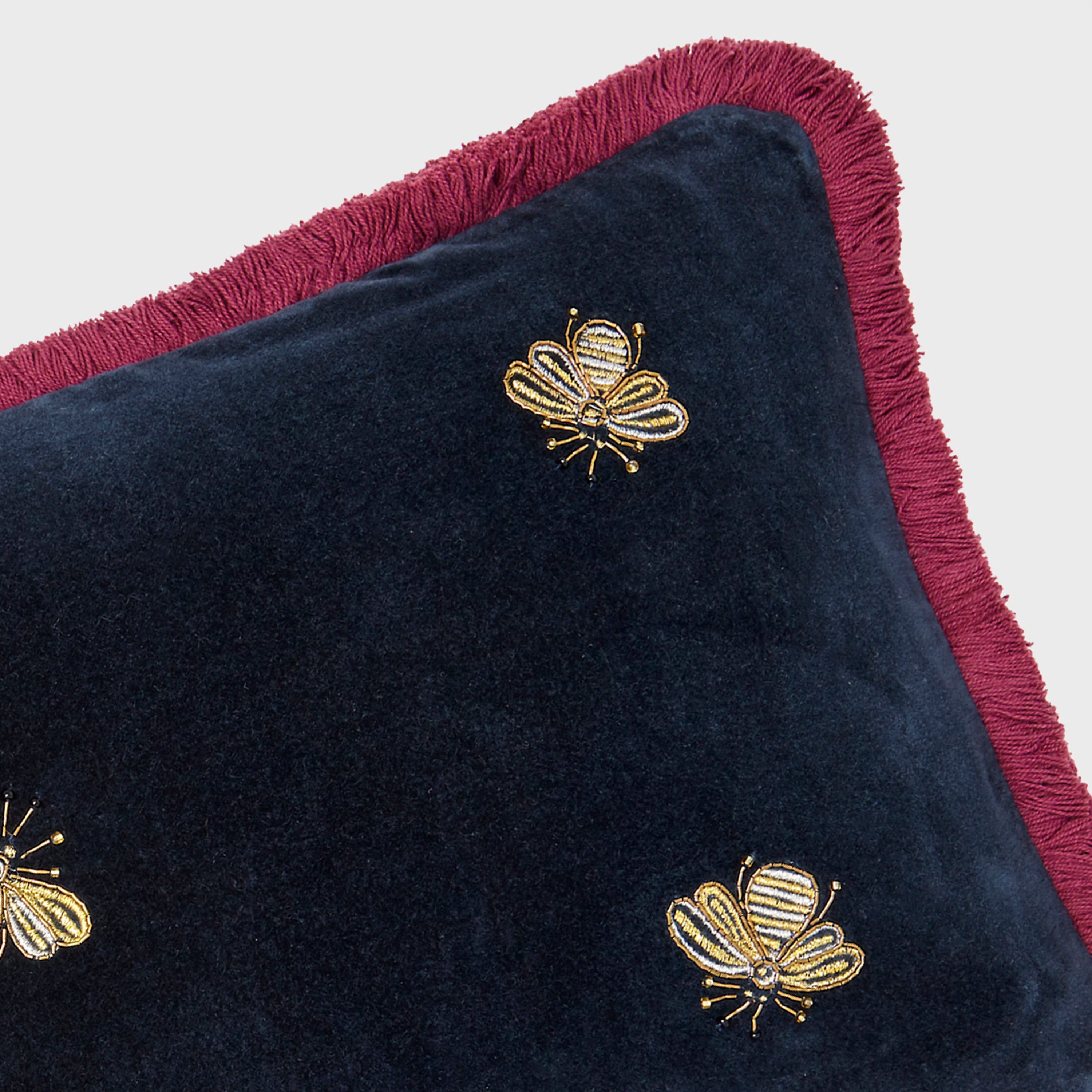 Embroidered Bee Fringe Pillow, Navy Cotton Velvet