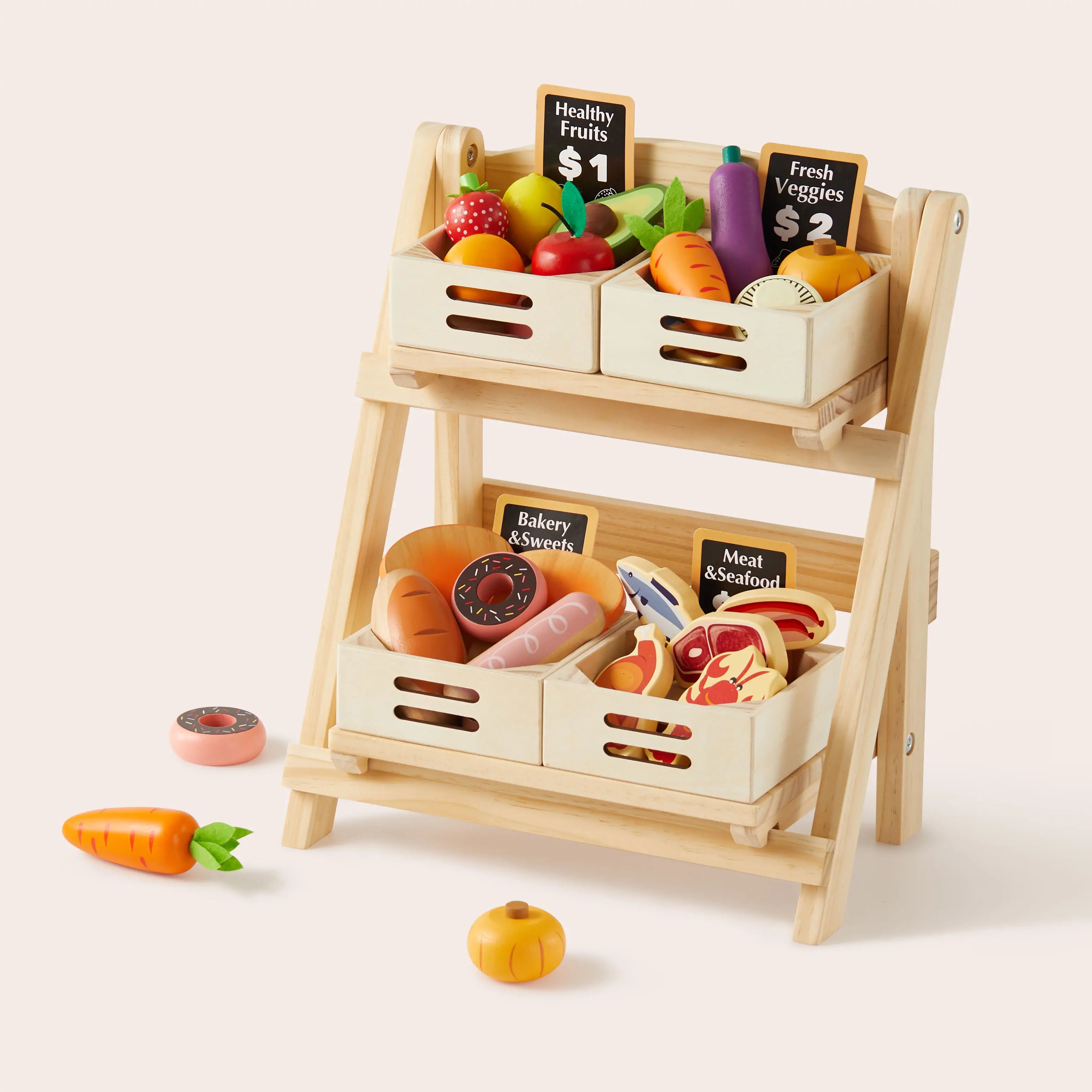 Tiny Land® Play Kitchen Accessories – Play Kitchen Food Storage: Versatile Wooden Rack For Play Food