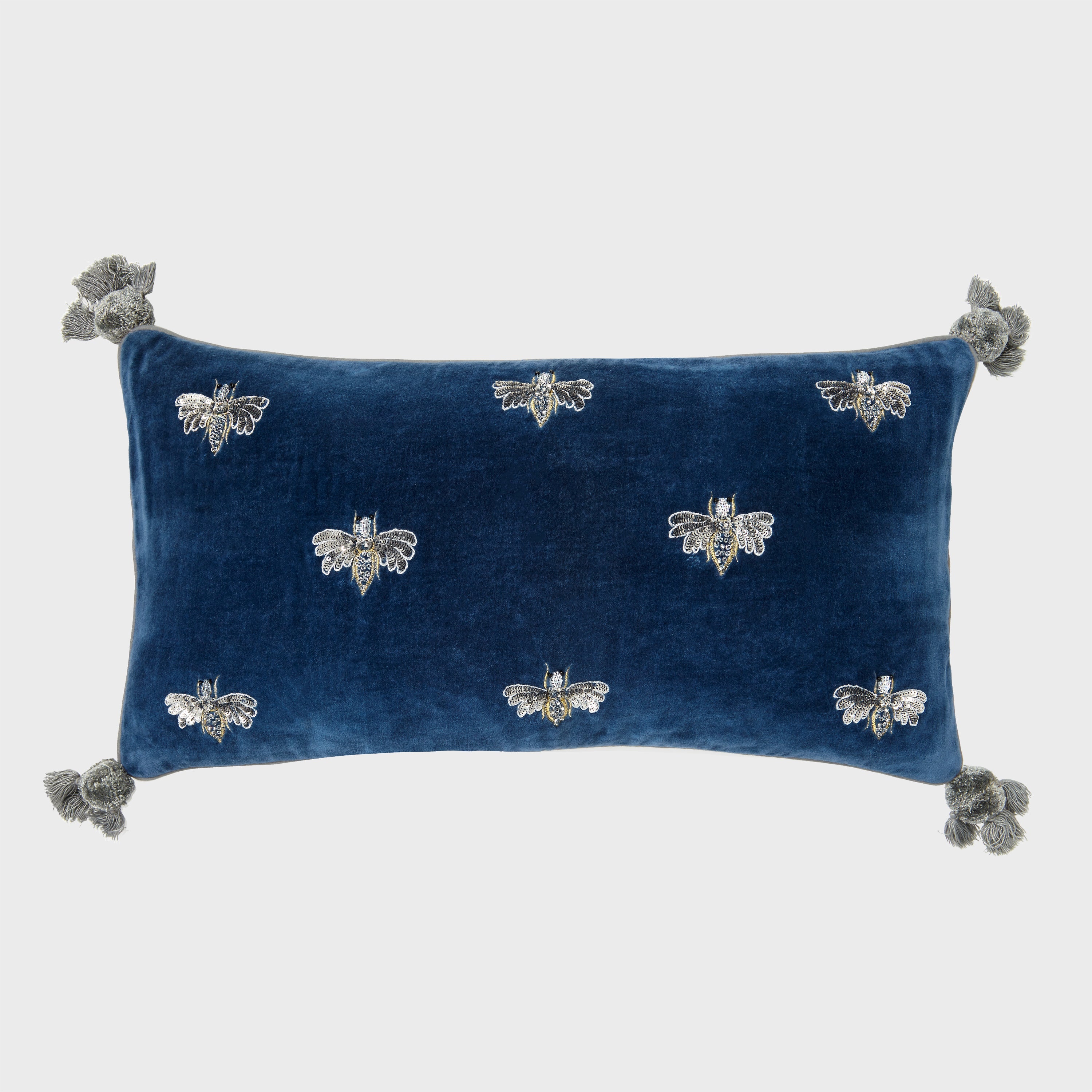 Embroidered Pretty Bug Pillow, Slate Blue Cotton Velvet