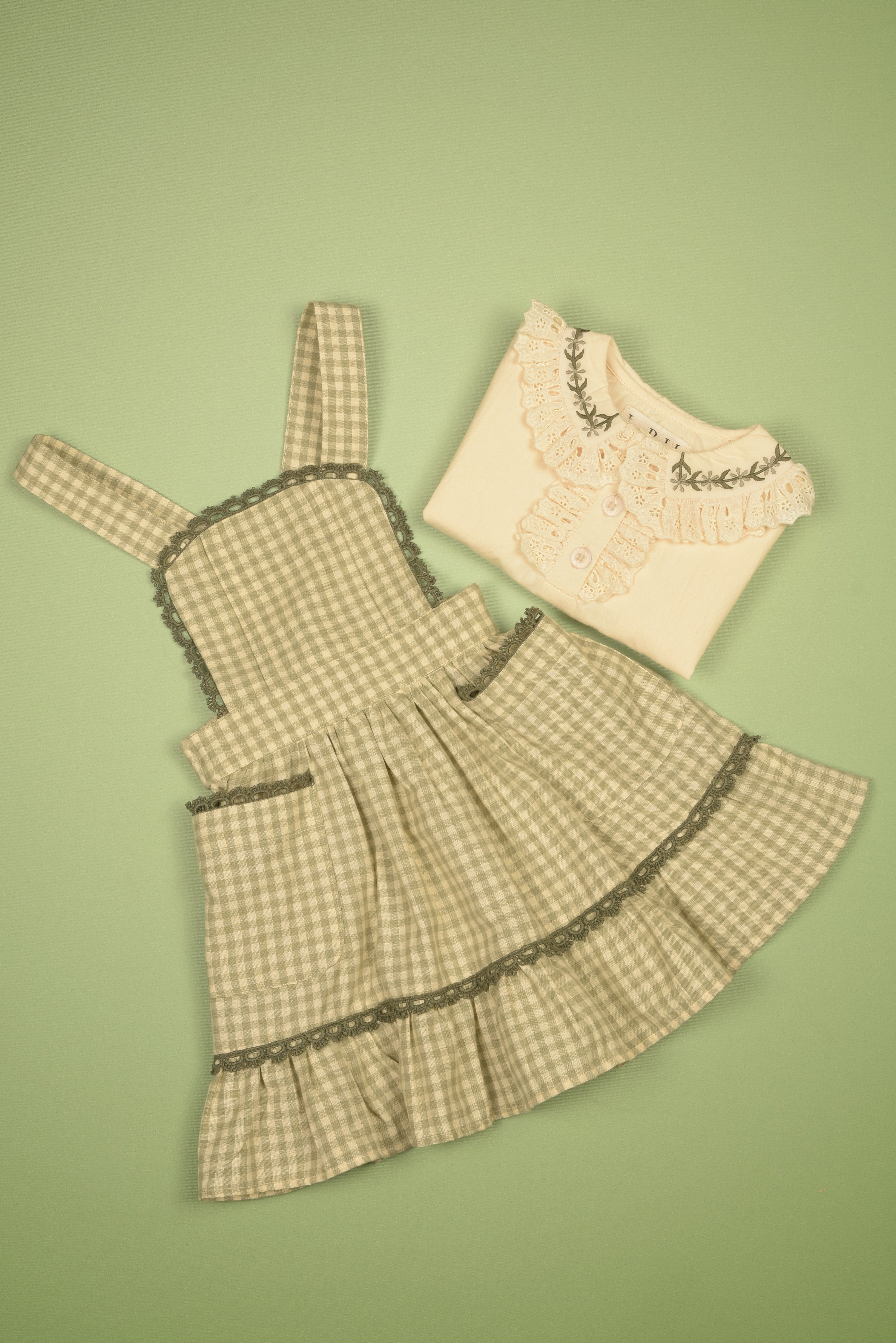 Green Gingham Pinafore Dress And Blouse Set