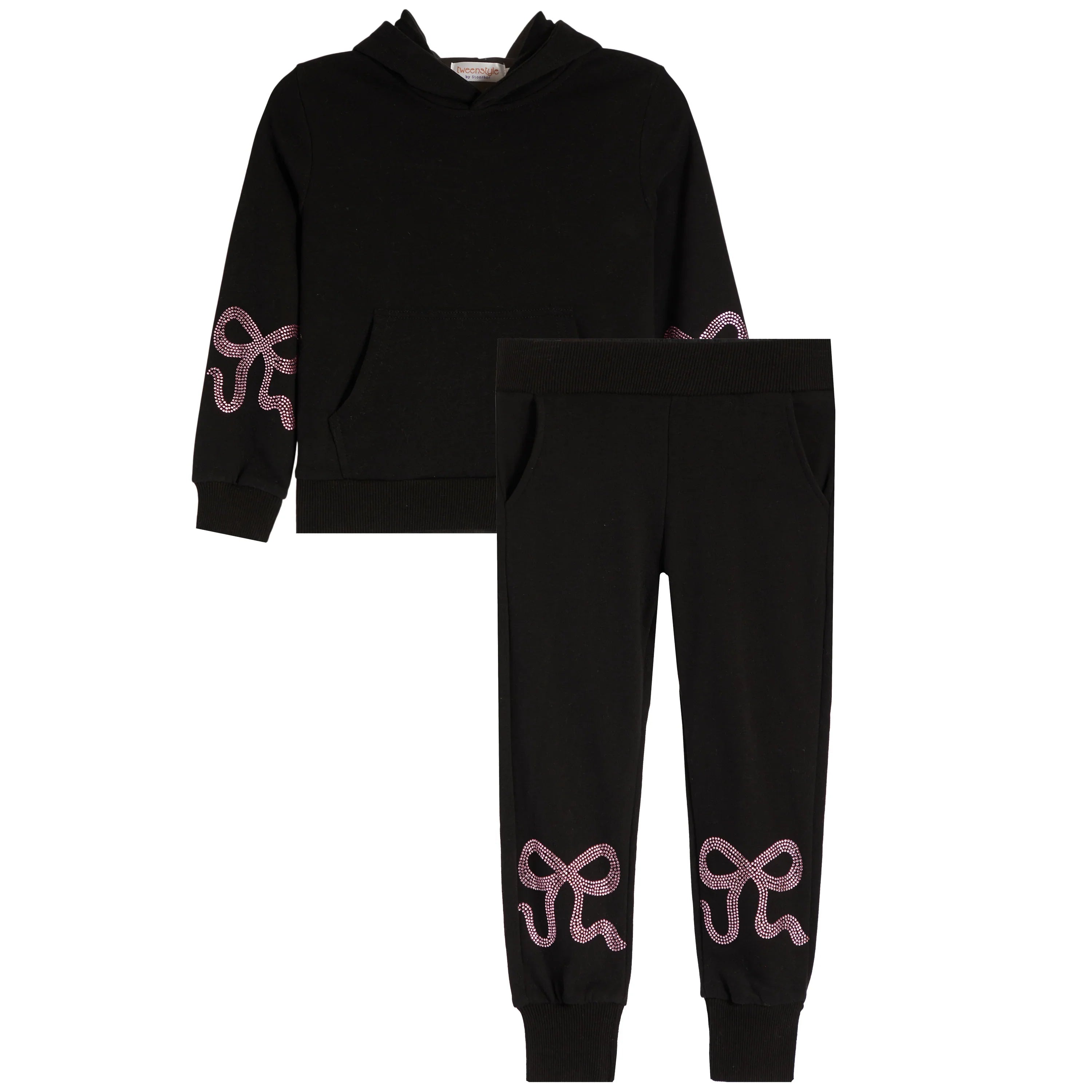 Tweenstyle By Stoopher - Pink Rhinestud Bow Sweatsuit - Black