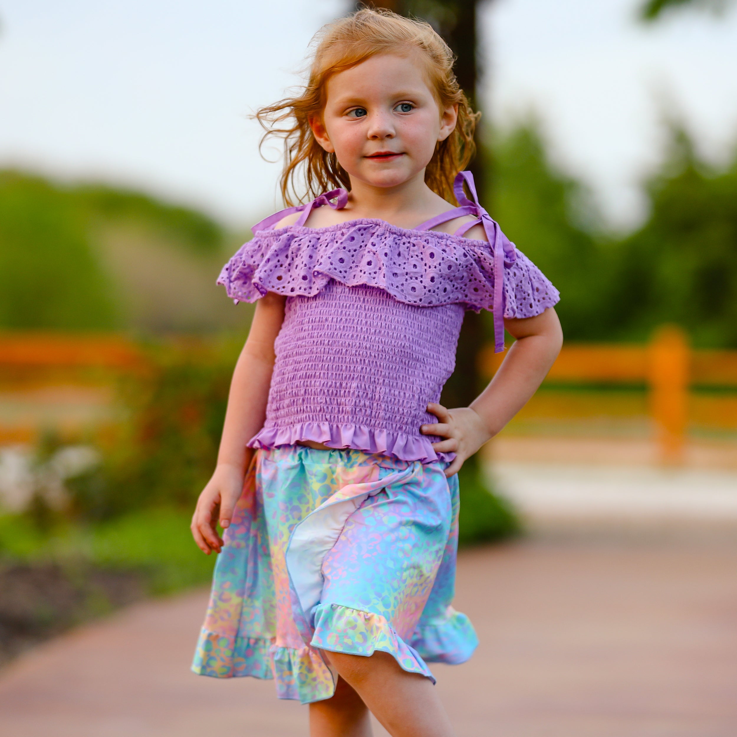 Al Limited Little & Big Girls Purple Eyelet Smocked Top And Tie Dye Skirt