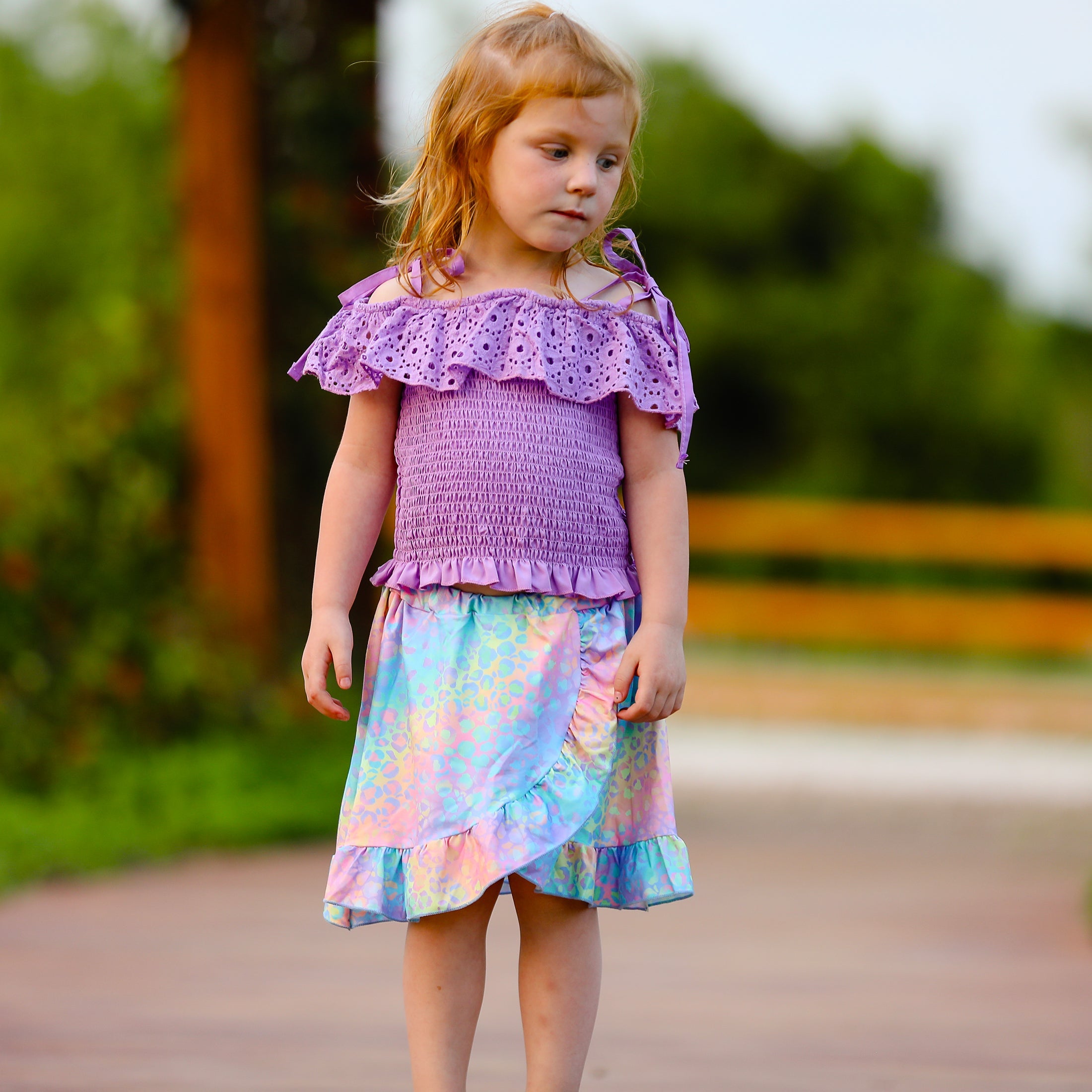 Al Limited Little & Big Girls Purple Eyelet Smocked Top And Tie Dye Skirt