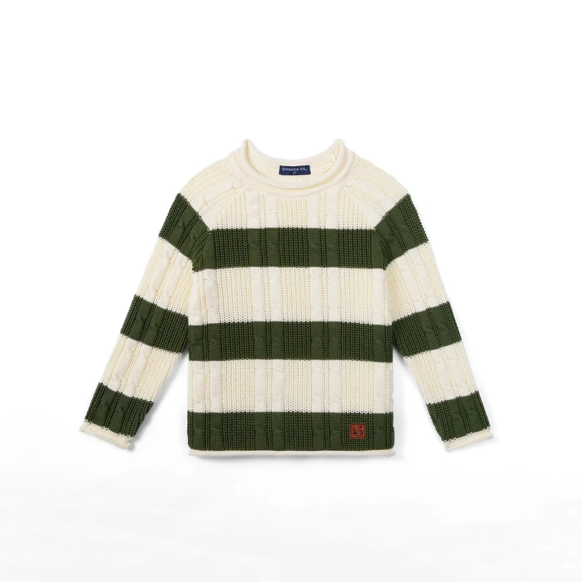 Forest Striped Cable Knit Roll Neck Sweater