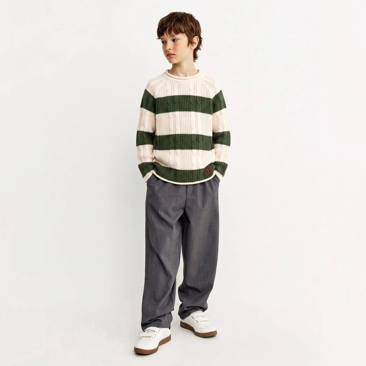 Forest Striped Cable Knit Roll Neck Sweater