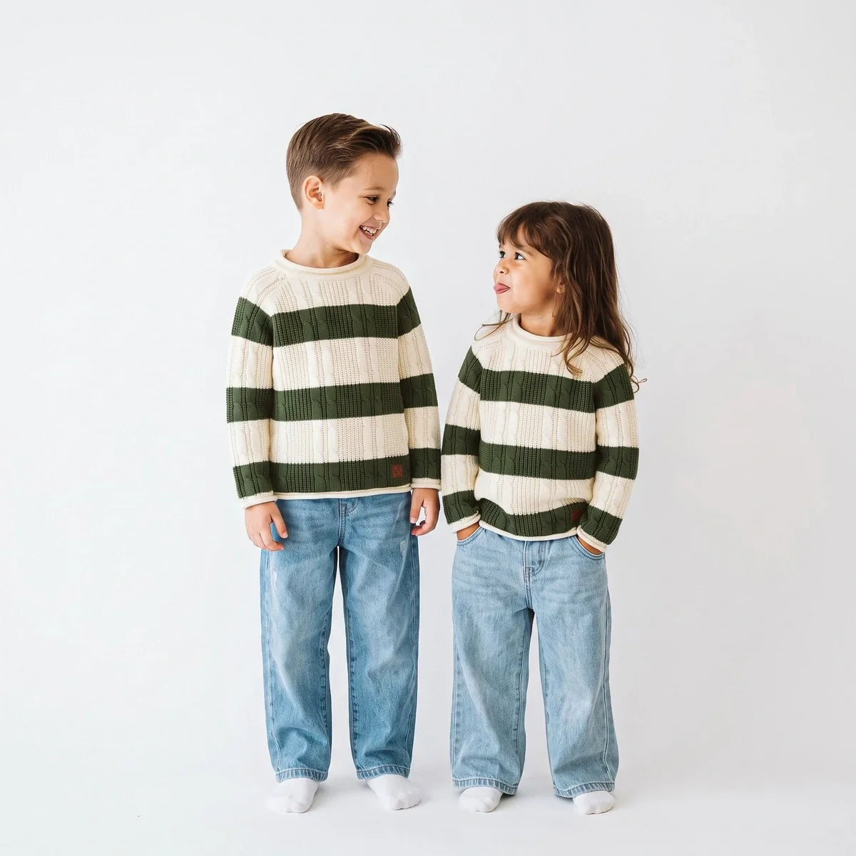 Forest Striped Cable Knit Roll Neck Sweater
