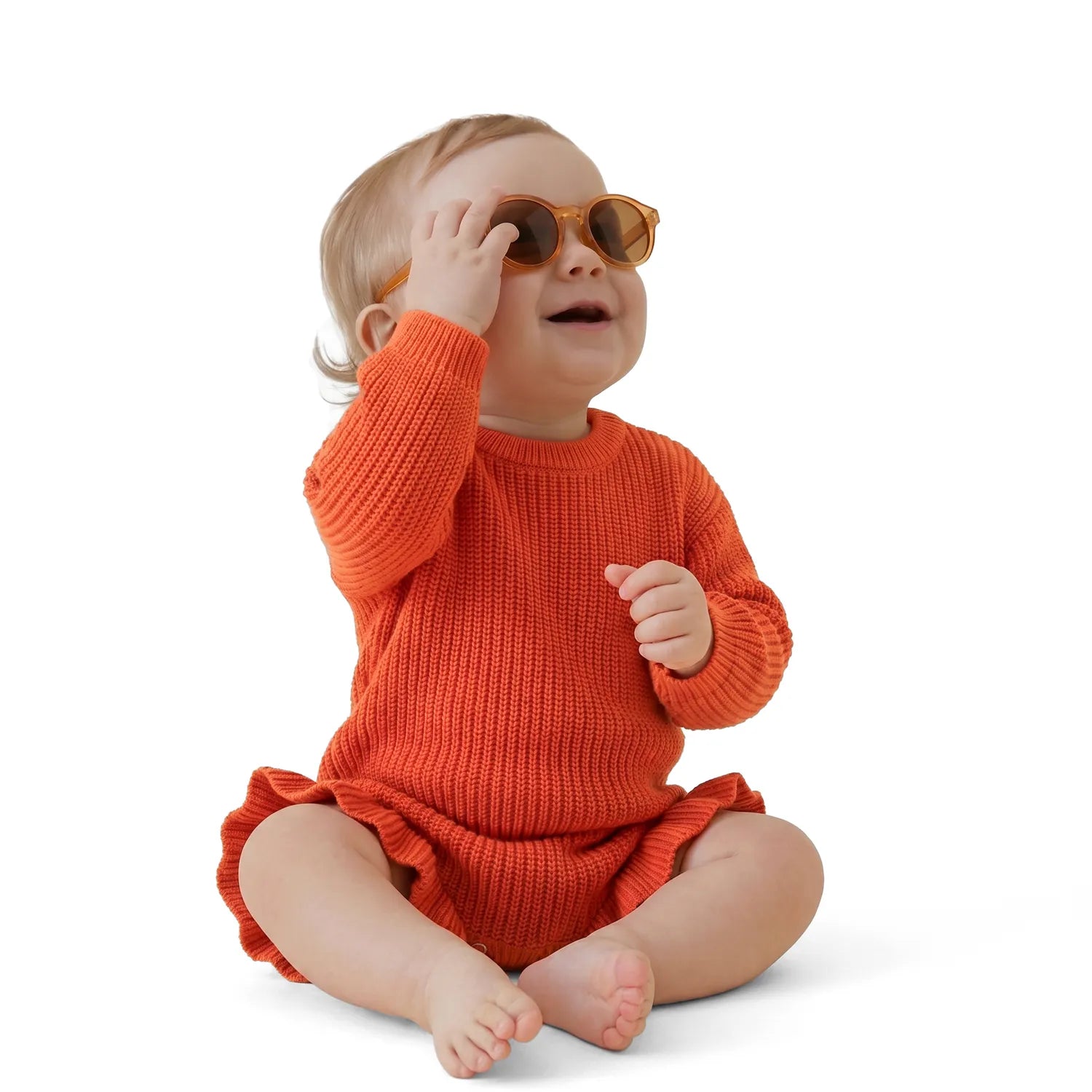 Ruffle Chunky Knit Baby Romper In Orange Rust
