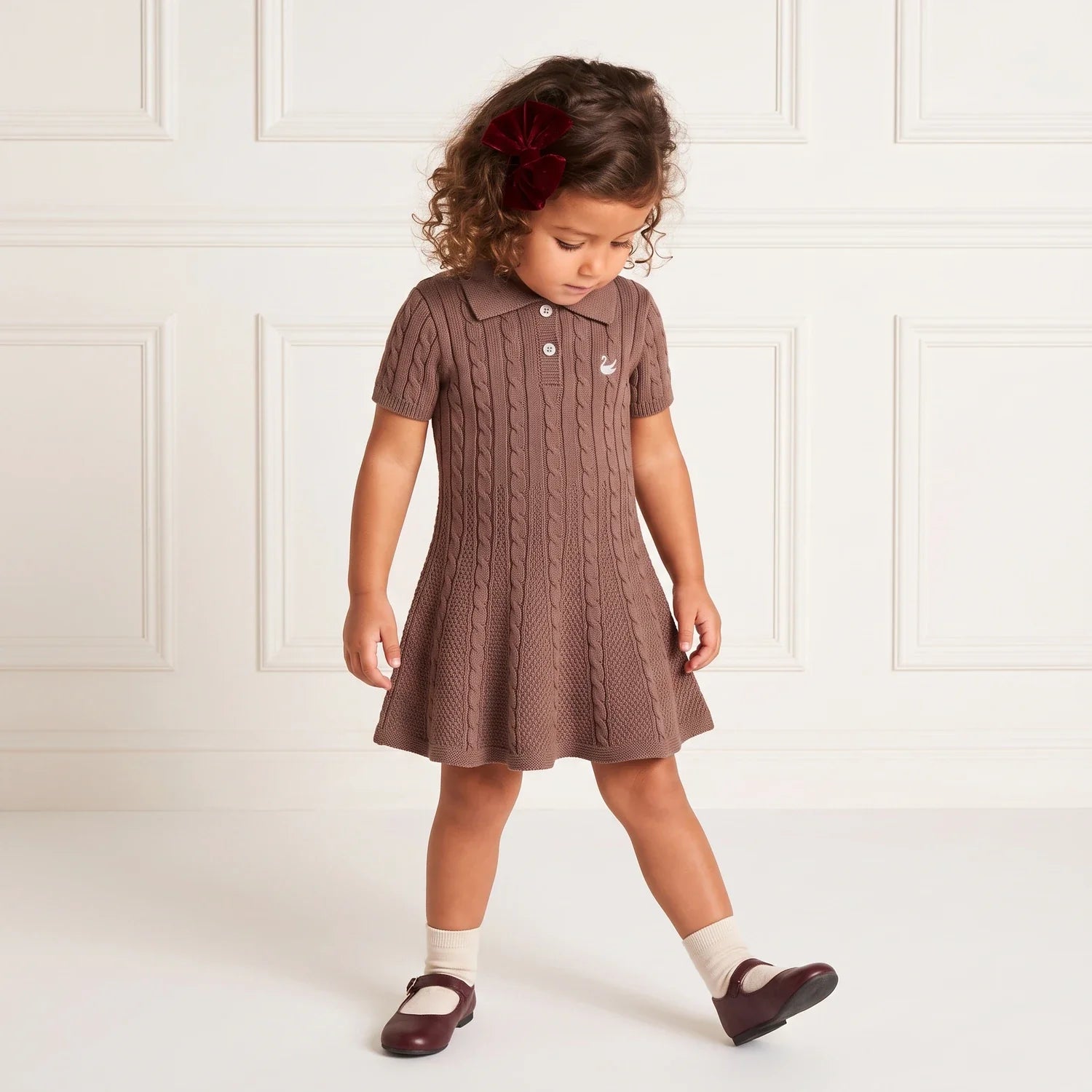 Cable Knit Polo Dress In Mocha