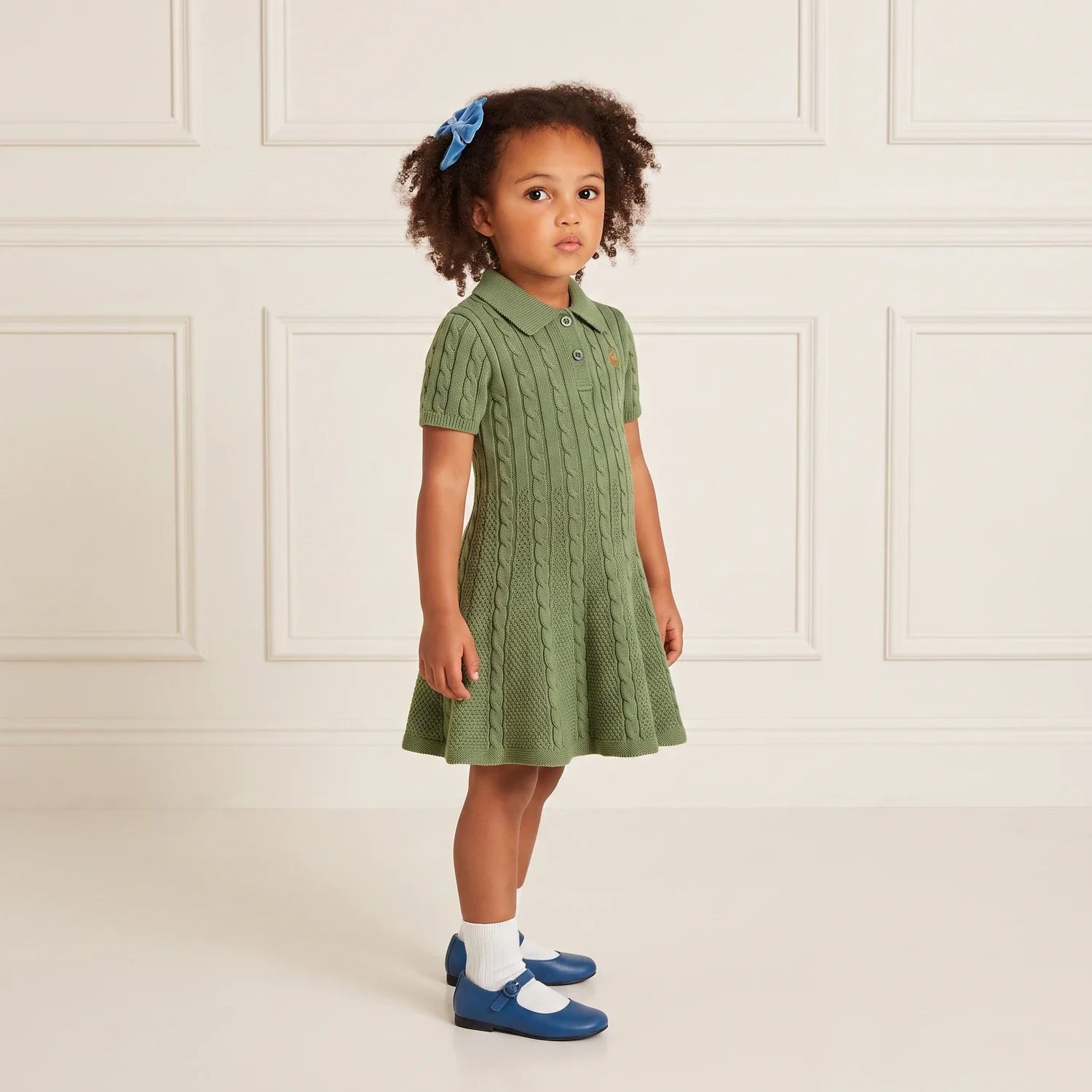 Cable Knit Polo Dress In Sage Green