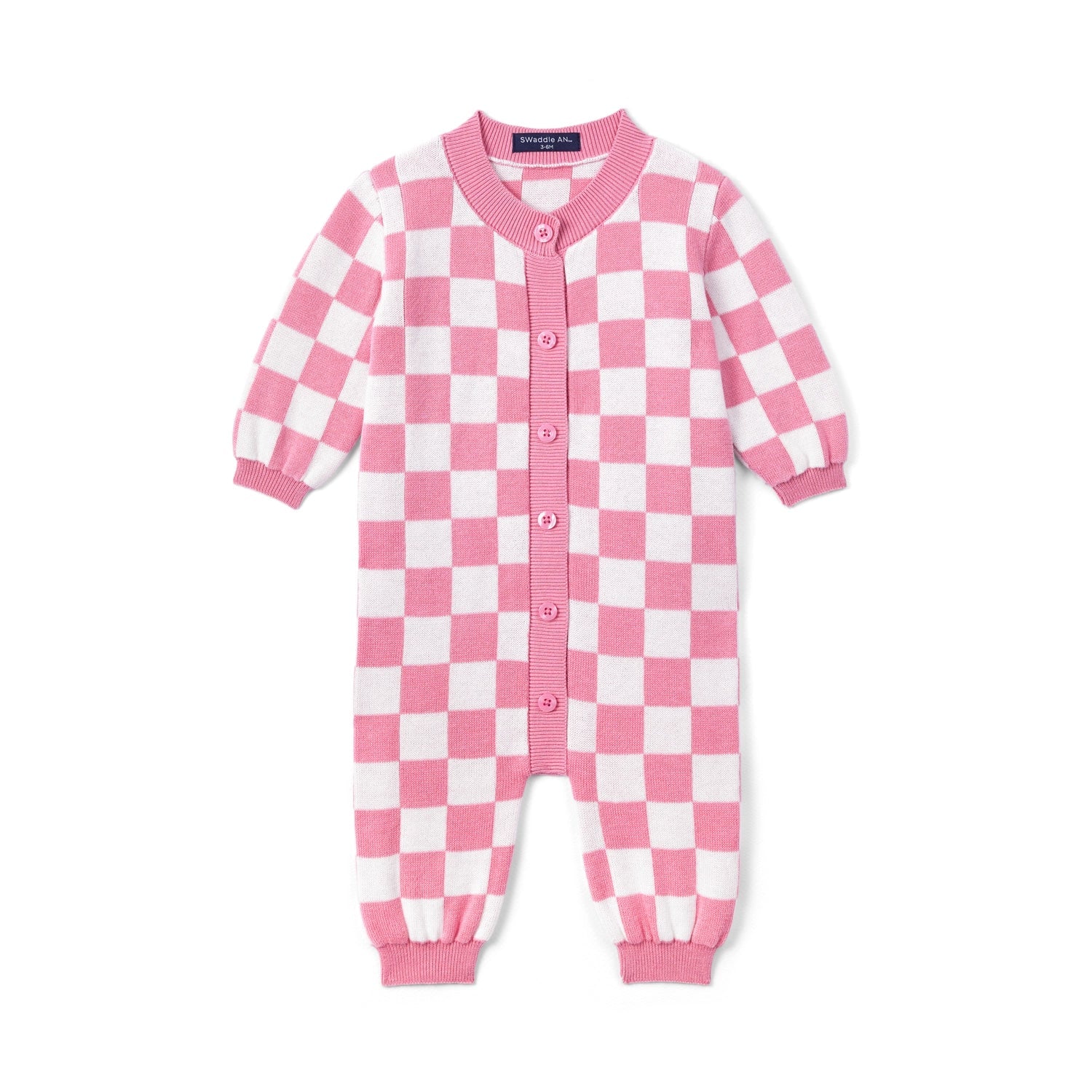 Pink Checker Baby Knit Button Romper