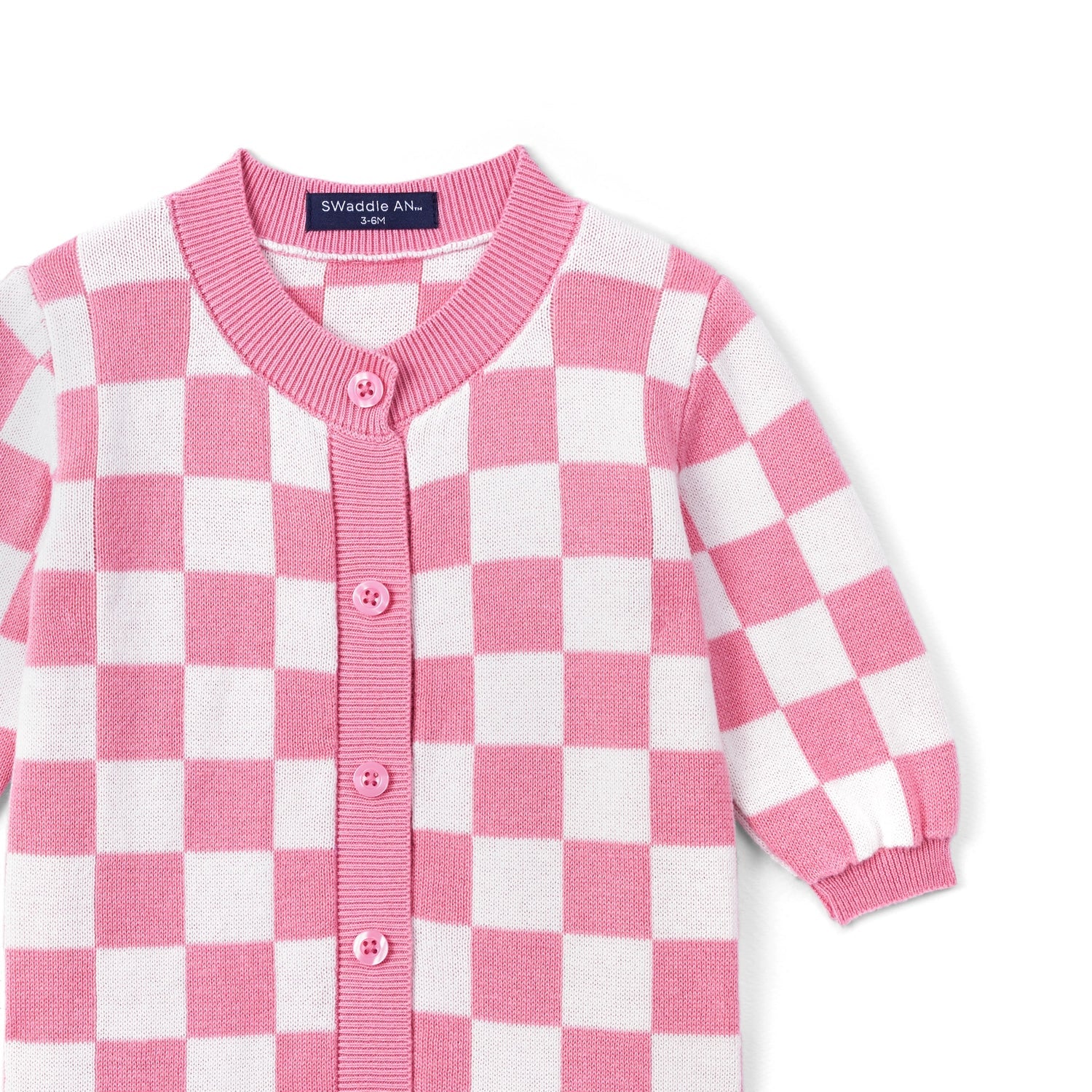 Pink Checker Baby Knit Button Romper