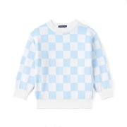 Blue Checker Knit Long Sleeve Crewneck Sweater