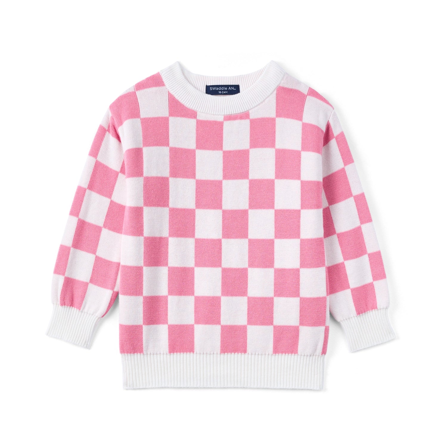 Pink Checker Knit Long Sleeve Crewneck Sweater