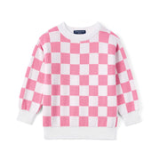 Pink Checker Knit Long Sleeve Crewneck Sweater