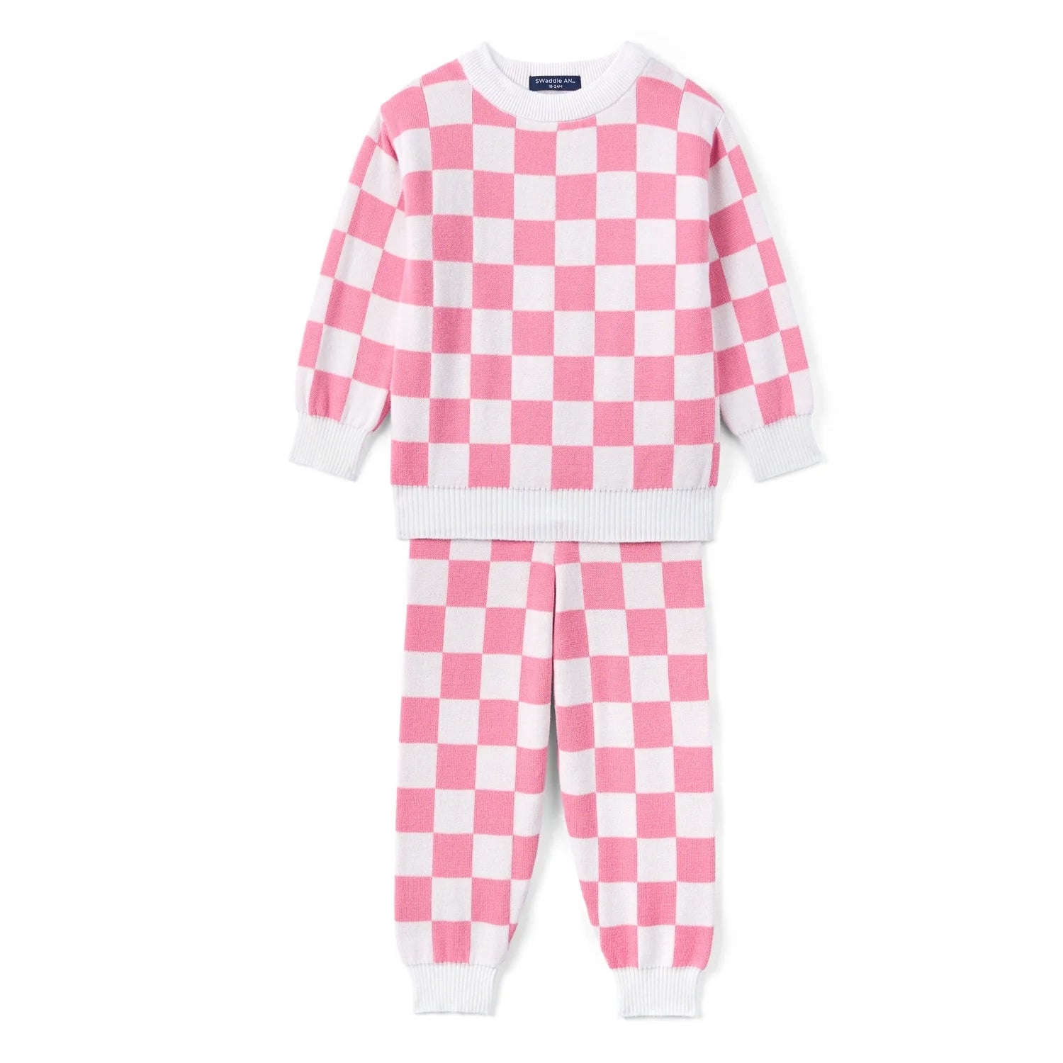 Pink Checker Knit Long Sleeve Crewneck Sweater
