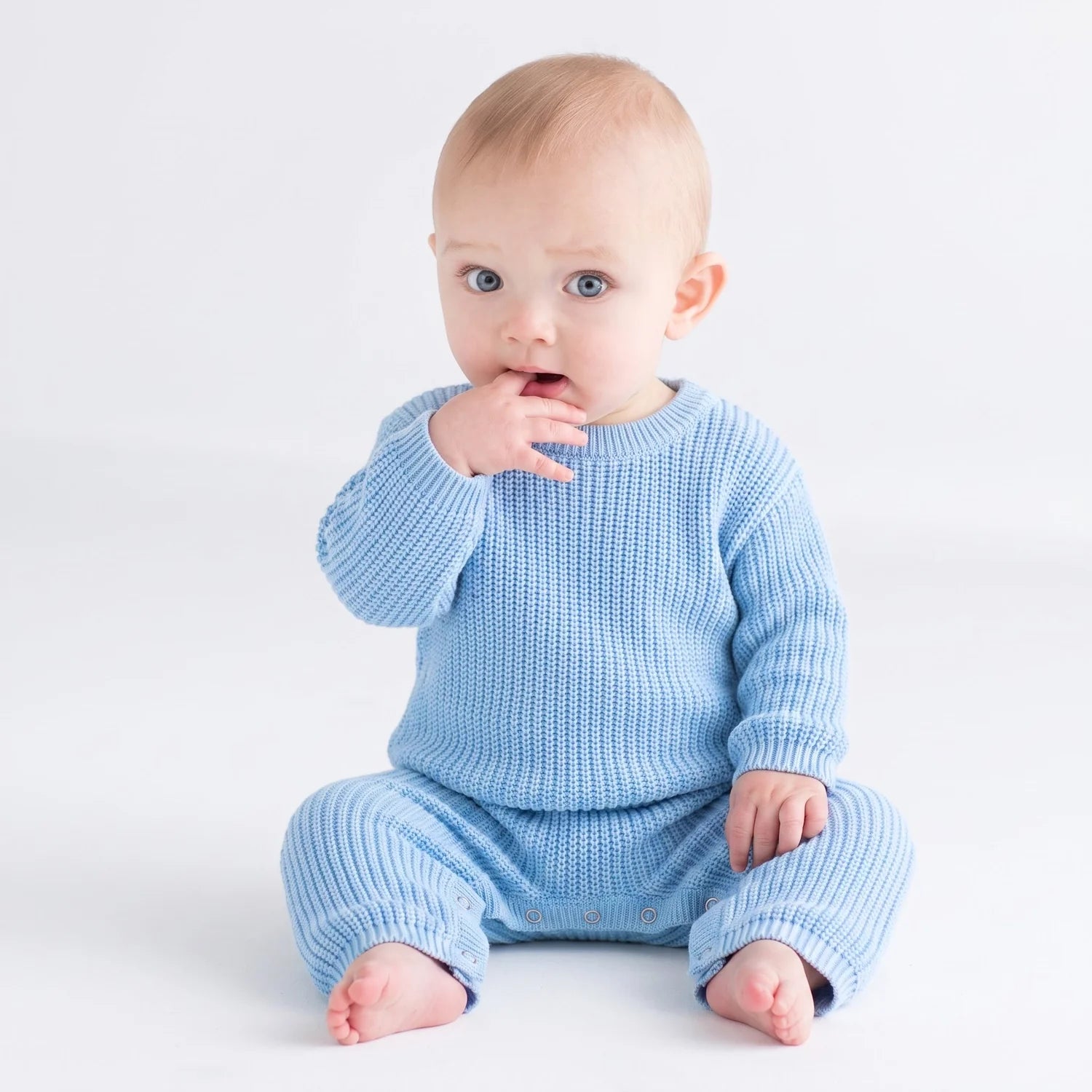 Baby Knit Romper Snap Closure In Baby Blue