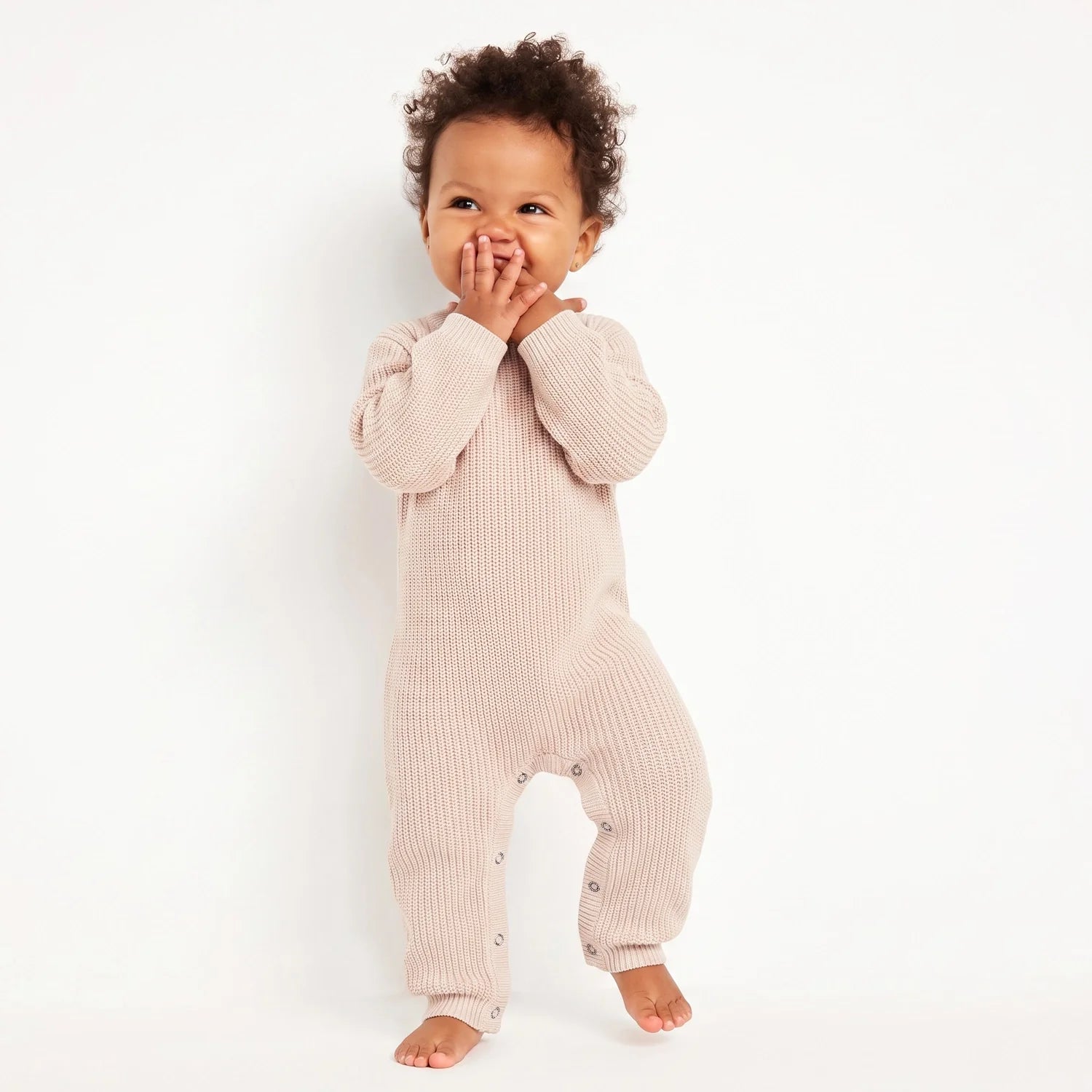 Baby Knit Romper Snap Closure In Beige