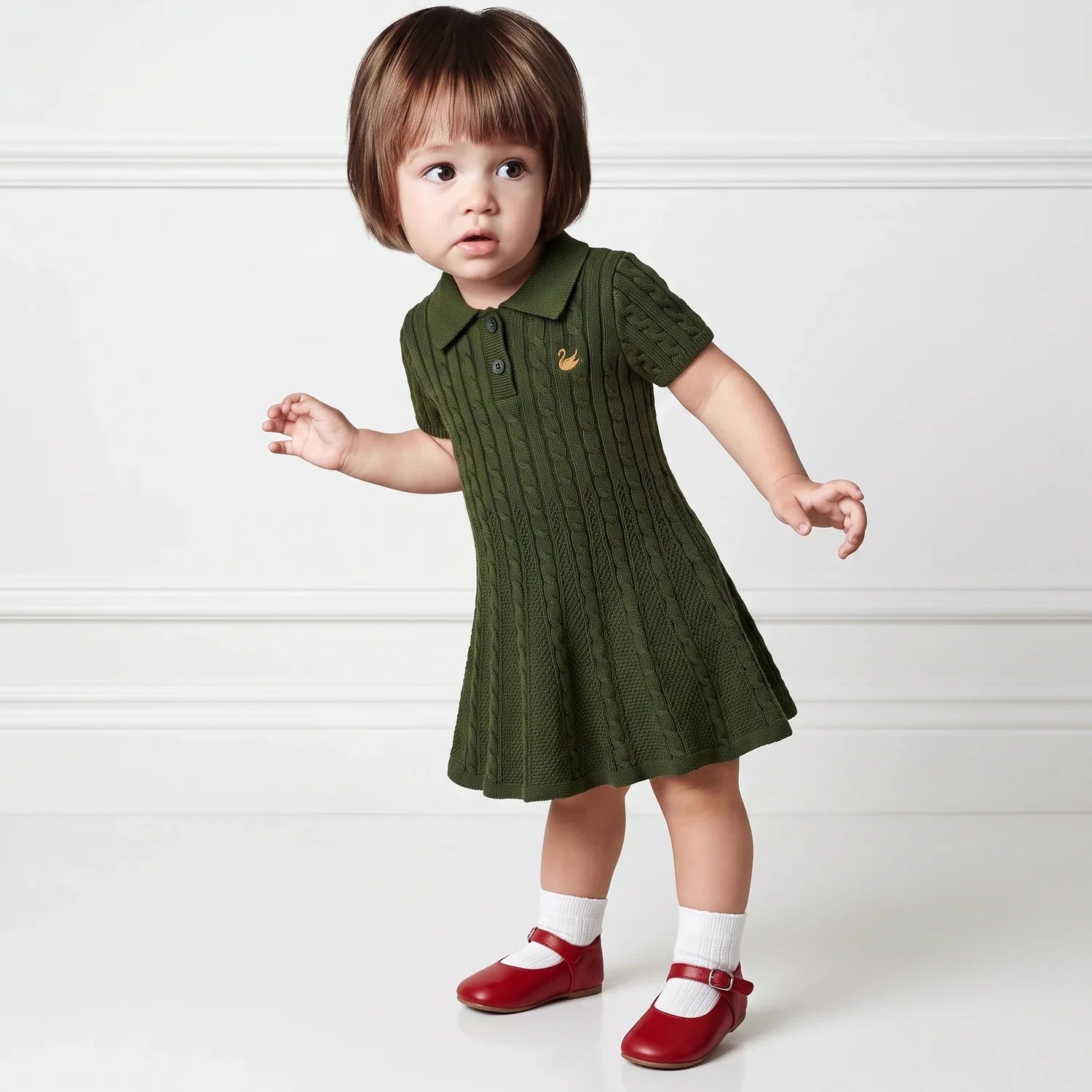 Cable Knit Polo Dress In Forest Green