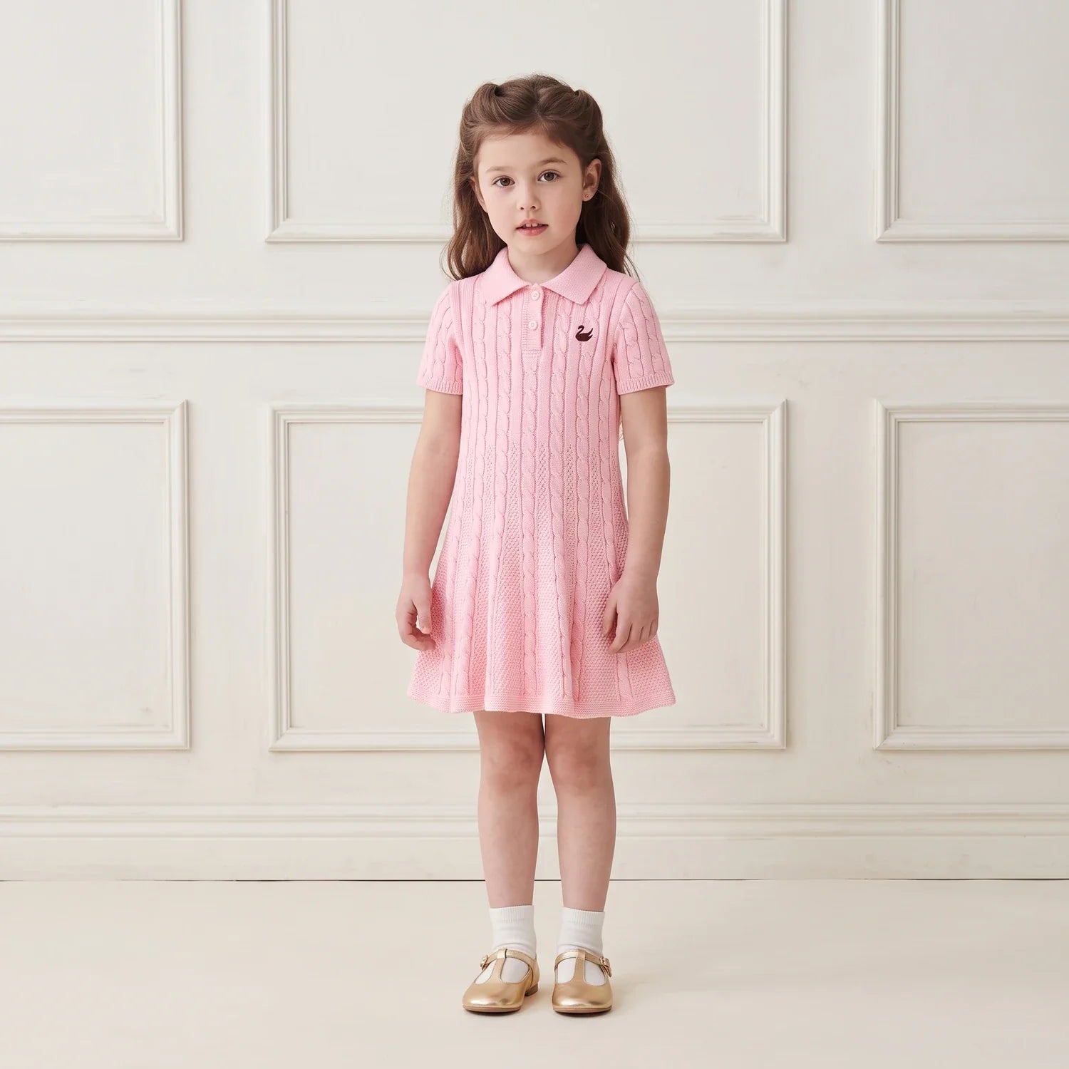 Cable Knit Polo Dress In Pink