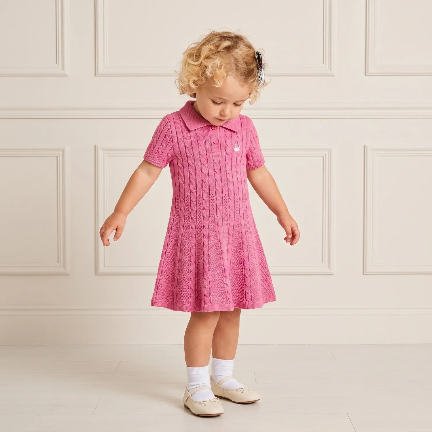 Cable Knit Polo Dress In Rose Pink