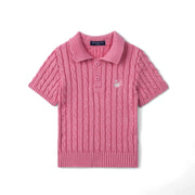 Cable Knit Polo Sweater In Rose Pink