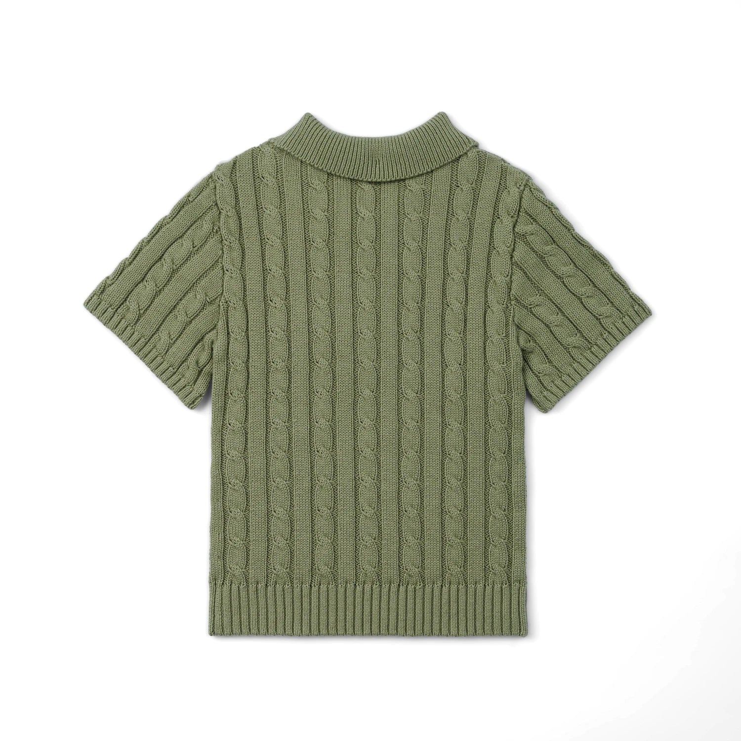 Cable Knit Polo Sweater In Sage Green