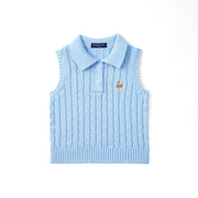 Cable Knit Sleeveless Polo Shirt In Baby Blue