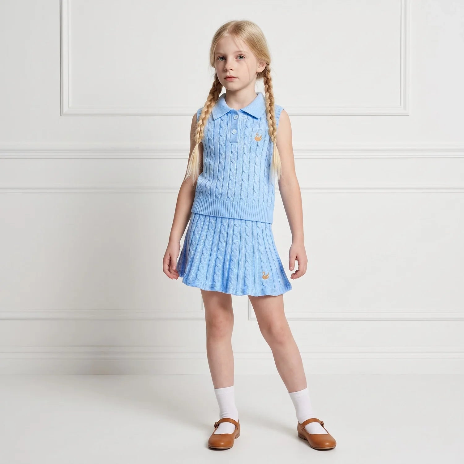 Cable Knit Sleeveless Polo Shirt In Baby Blue