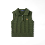 Cable Knit Sleeveless Polo Shirt In Forest Green