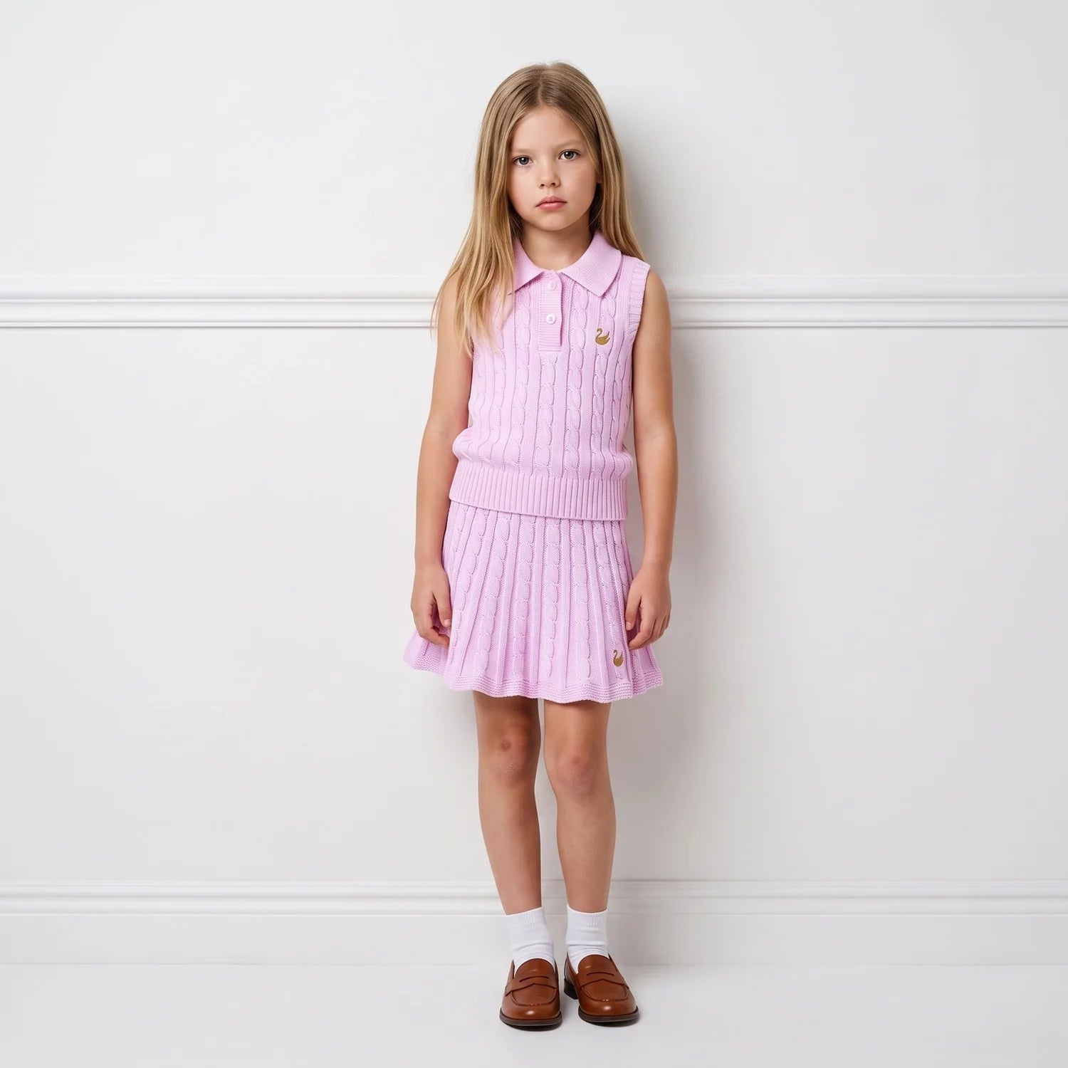 Cable Knit Sleeveless Polo Shirt In Lilac