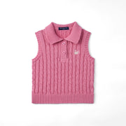 Cable Knit Sleeveless Polo Shirt In Rose Pink